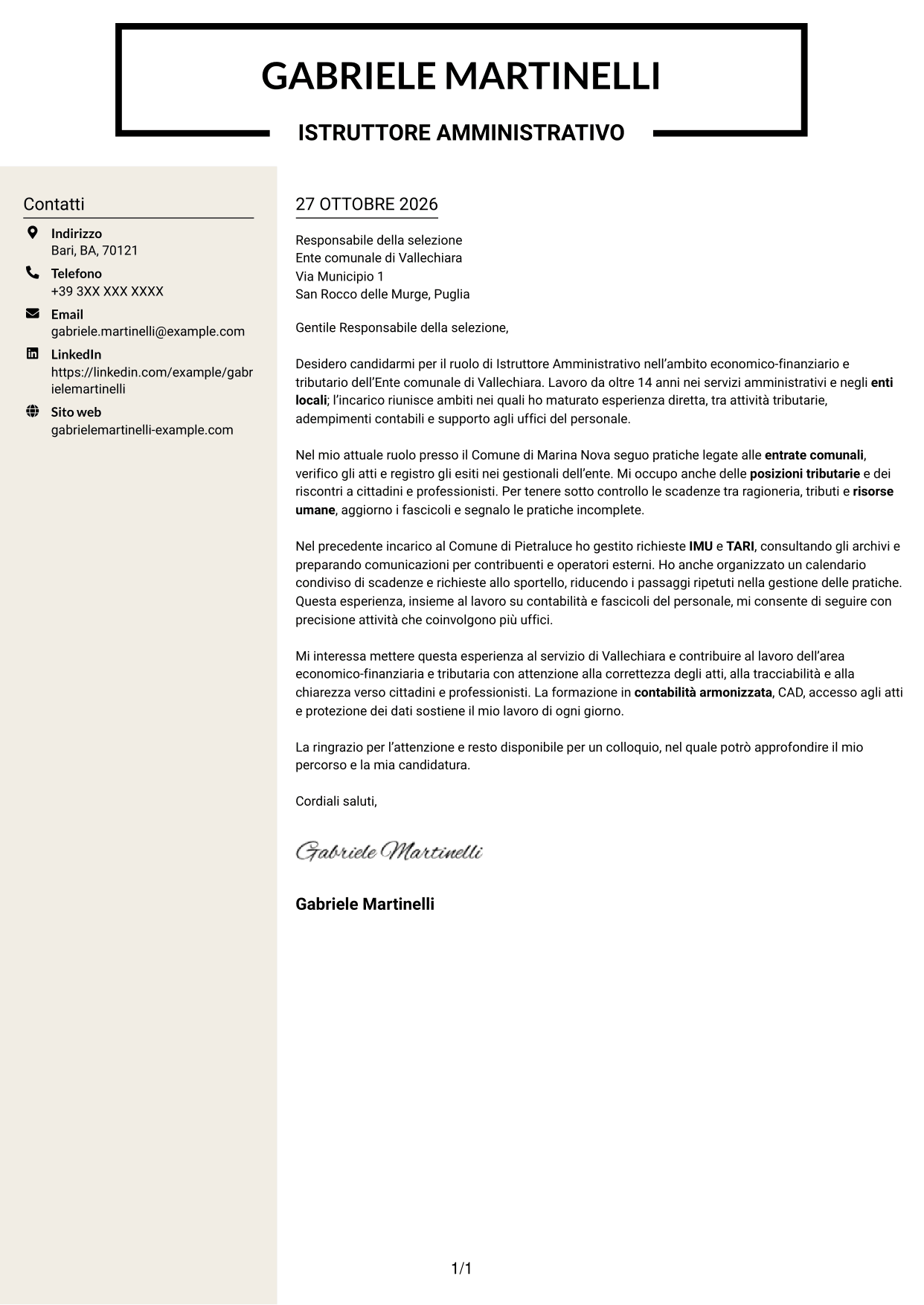 Lettera di presentazione Intraprendente (formato a due colonne con intestazione centrata senza foto): Istruttore Amministrativo - Servizi finanziari e tributari, pagina 1