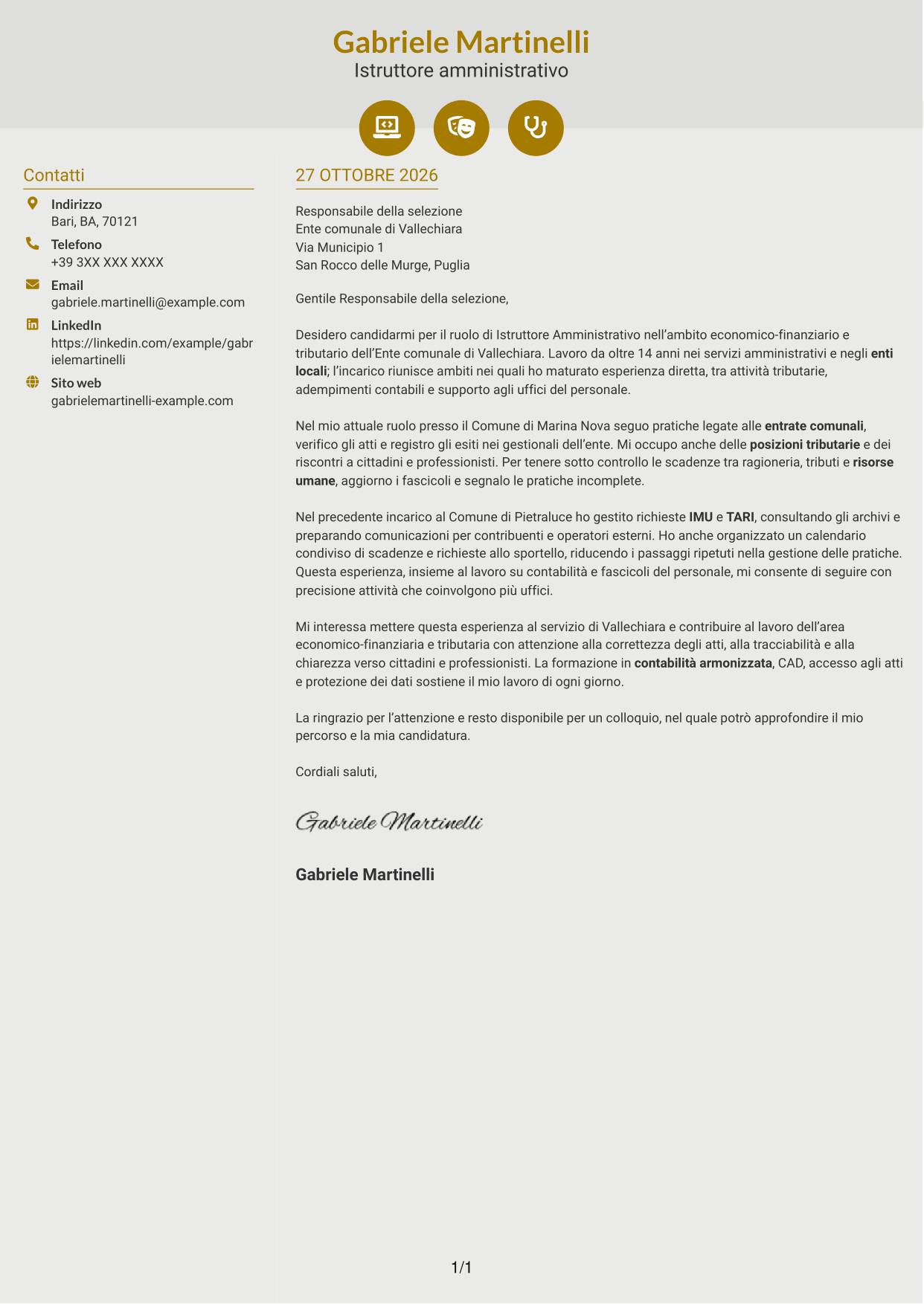 Lettera di presentazione Dinamico (formato a due colonne con icone): Istruttore Amministrativo - Servizi finanziari e tributari, pagina 1
