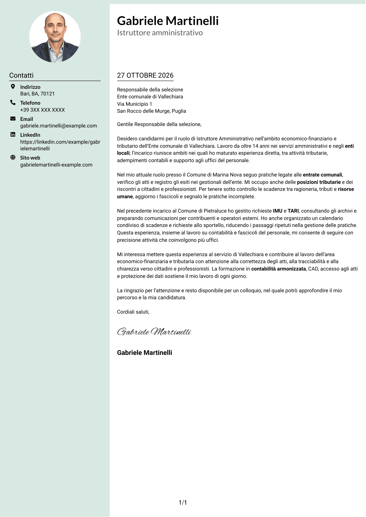 Lettera di presentazione Dirigente (formato con colonna laterale tenue e foto arrotondata): Istruttore Amministrativo - Servizi finanziari e tributari, pagina 1