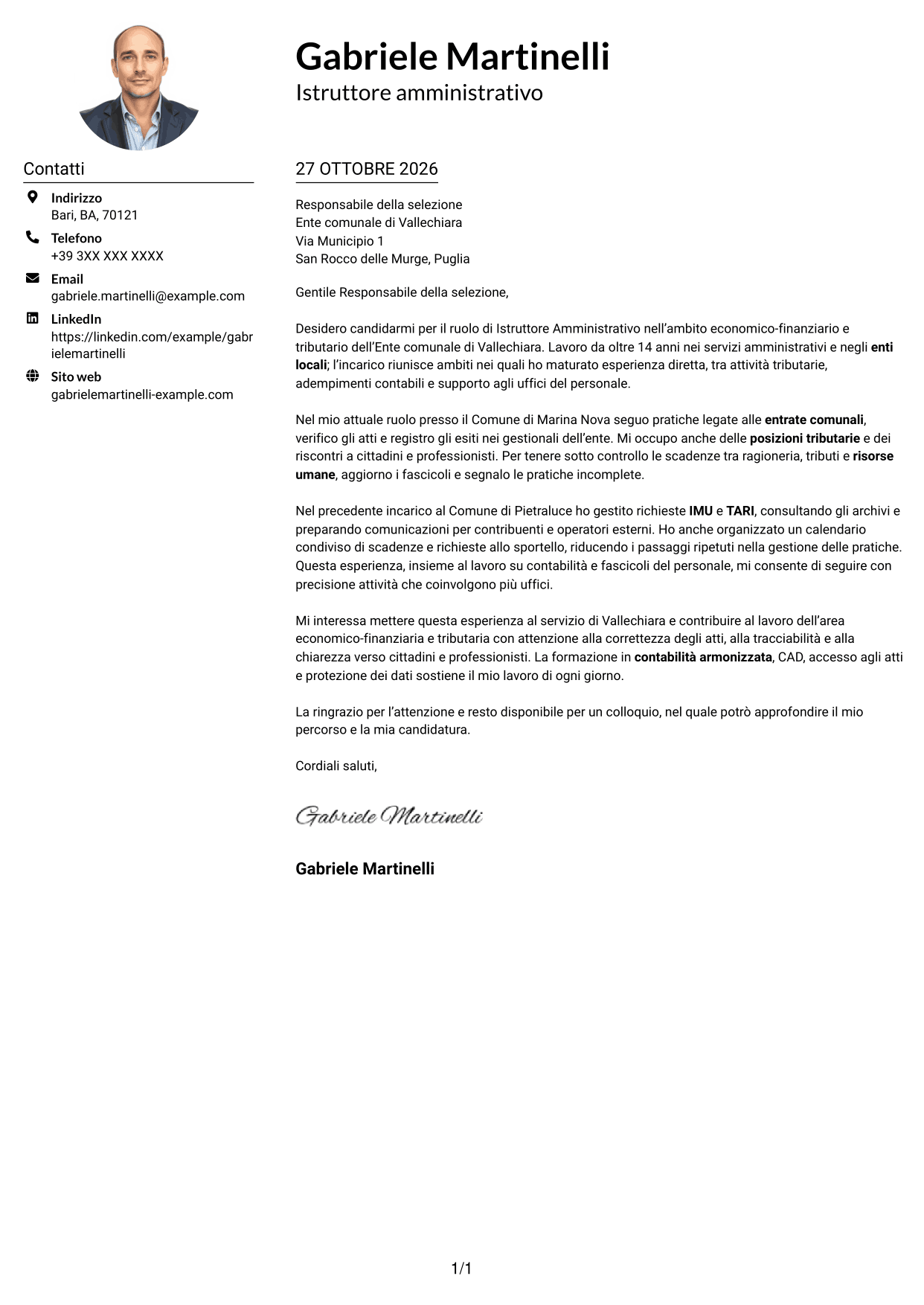 Esempio di lettera di presentazione — pagina 1