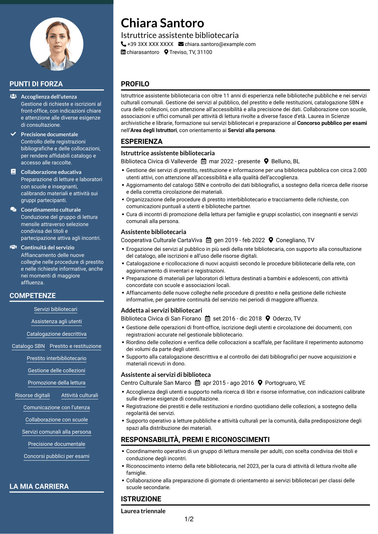 CV Elegante (formato con colonna laterale colorata e foto): Istruttore assistente bibliotecario, pagina 1
