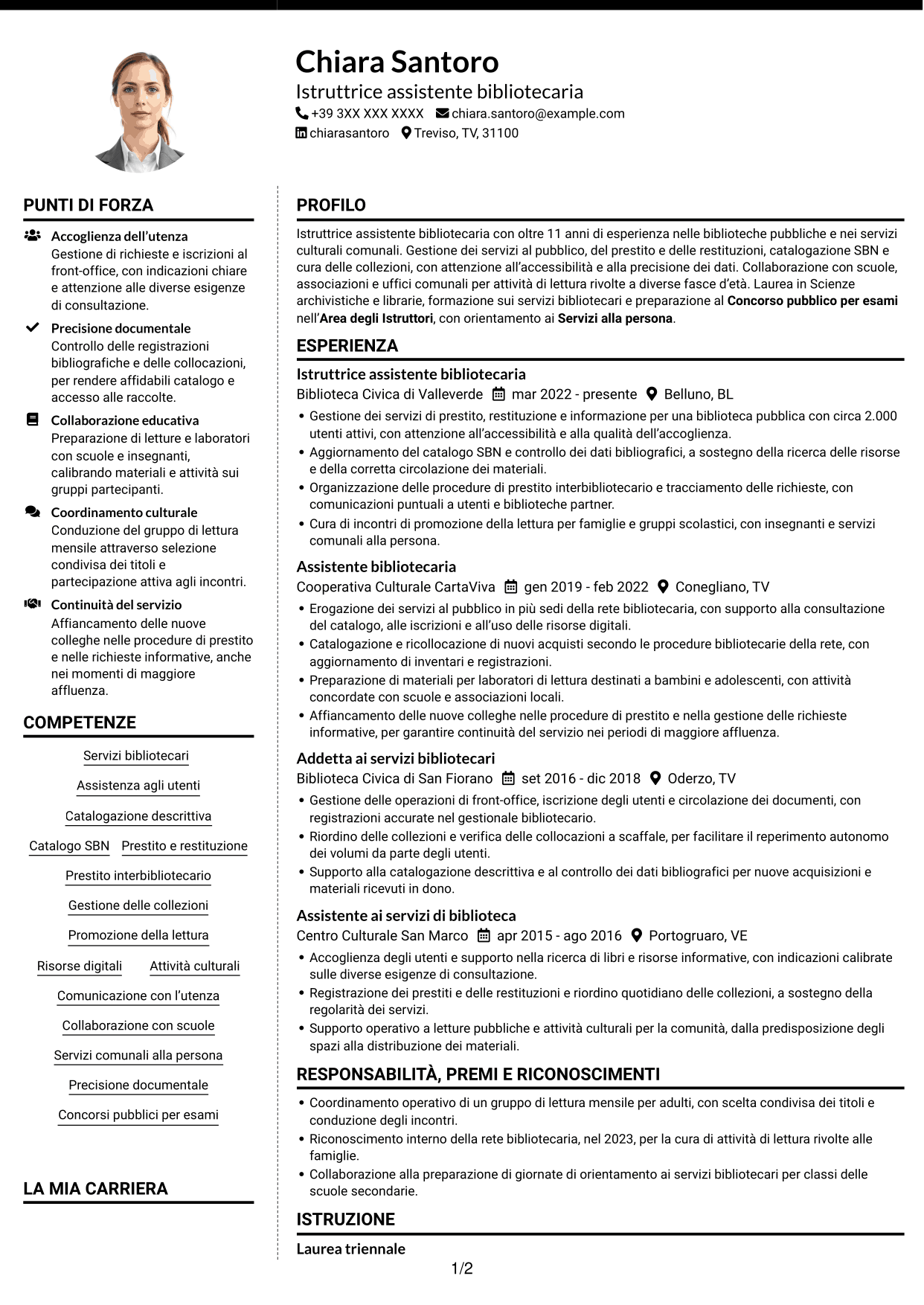 CV Moderno (formato a due colonne con foto a sinistra e separatore): Istruttore assistente bibliotecario, pagina 1