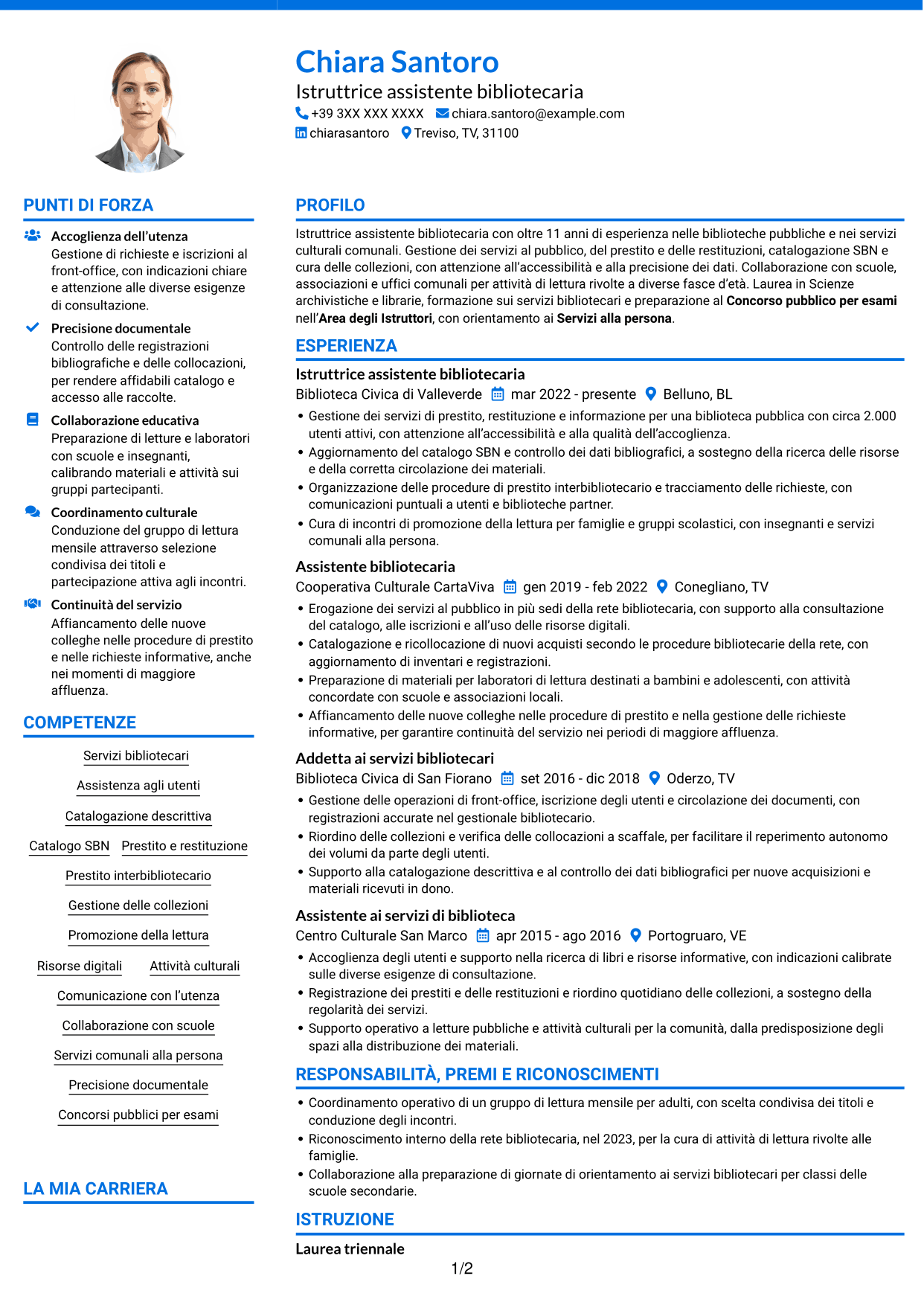 CV Audace (formato a due colonne con accenti colorati e foto): Istruttore assistente bibliotecario, pagina 1