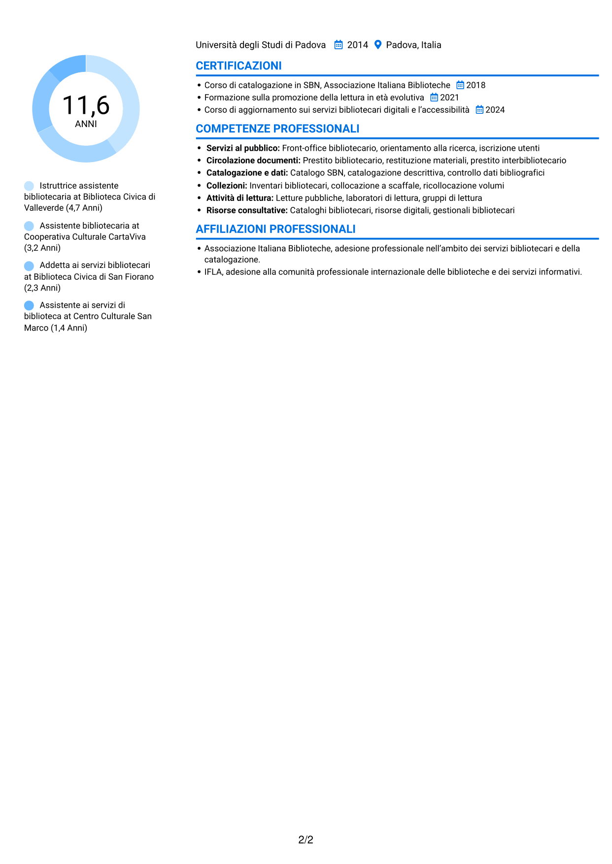 CV Audace (formato a due colonne con accenti colorati e foto): Istruttore assistente bibliotecario, pagina 2