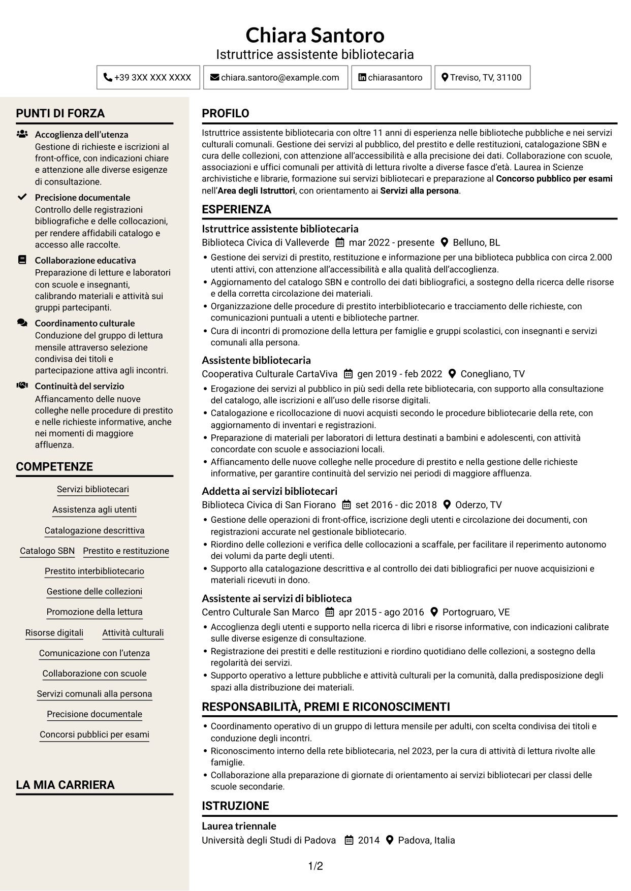 CV Intraprendente (formato a due colonne con intestazione centrata senza foto): Istruttore assistente bibliotecario, pagina 1