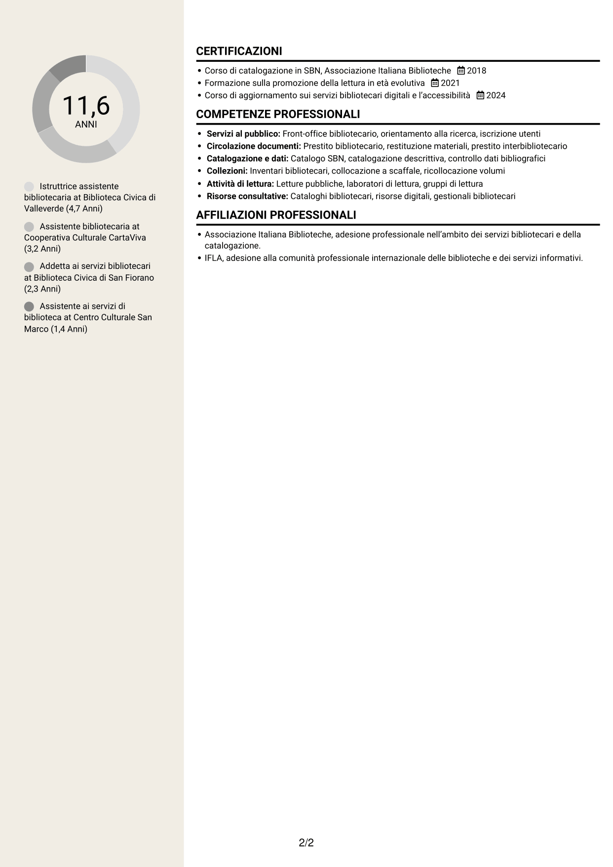 CV Intraprendente (formato a due colonne con intestazione centrata senza foto): Istruttore assistente bibliotecario, pagina 2