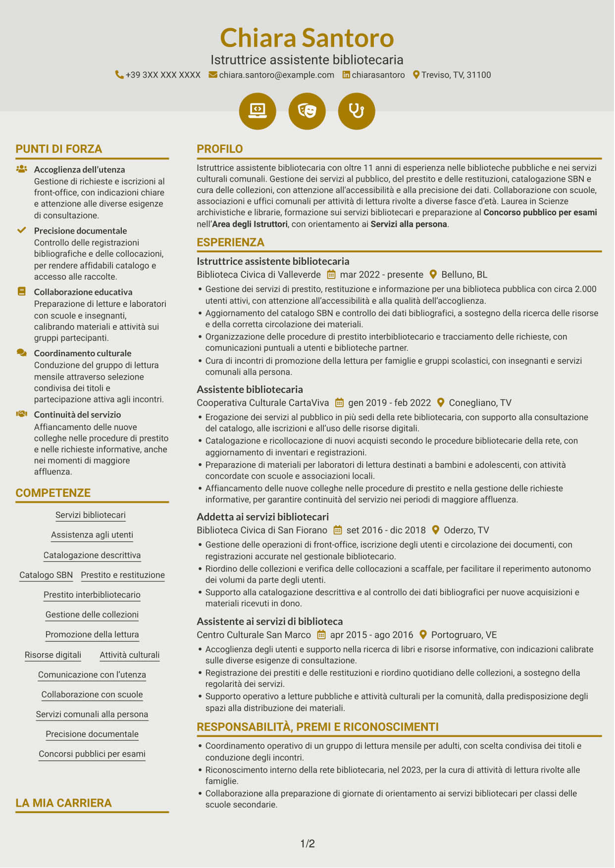 CV Dinamico (formato a due colonne con icone): Istruttore assistente bibliotecario, pagina 1