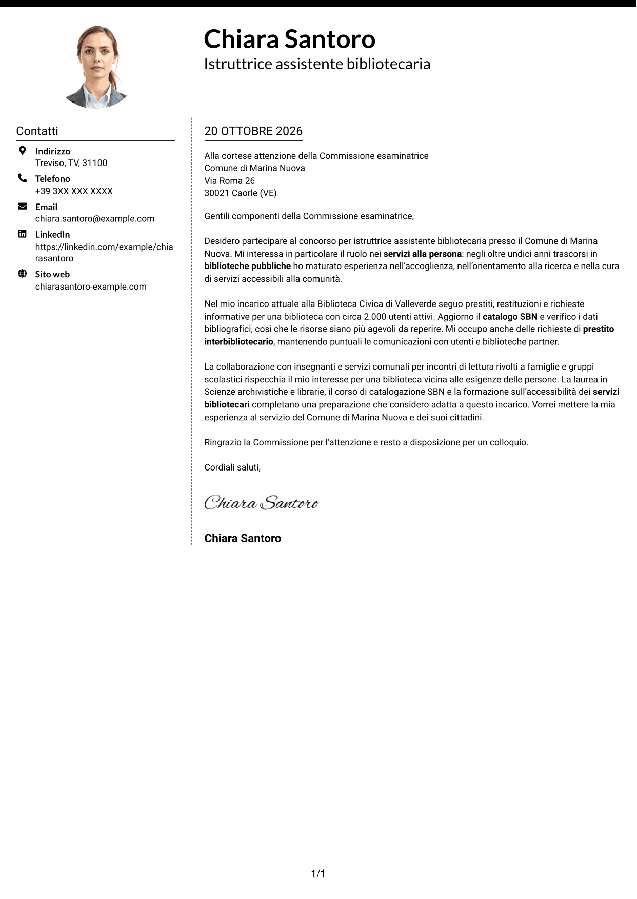 Lettera di presentazione Moderno (formato a due colonne con foto a sinistra e separatore): Istruttore assistente bibliotecario, pagina 1