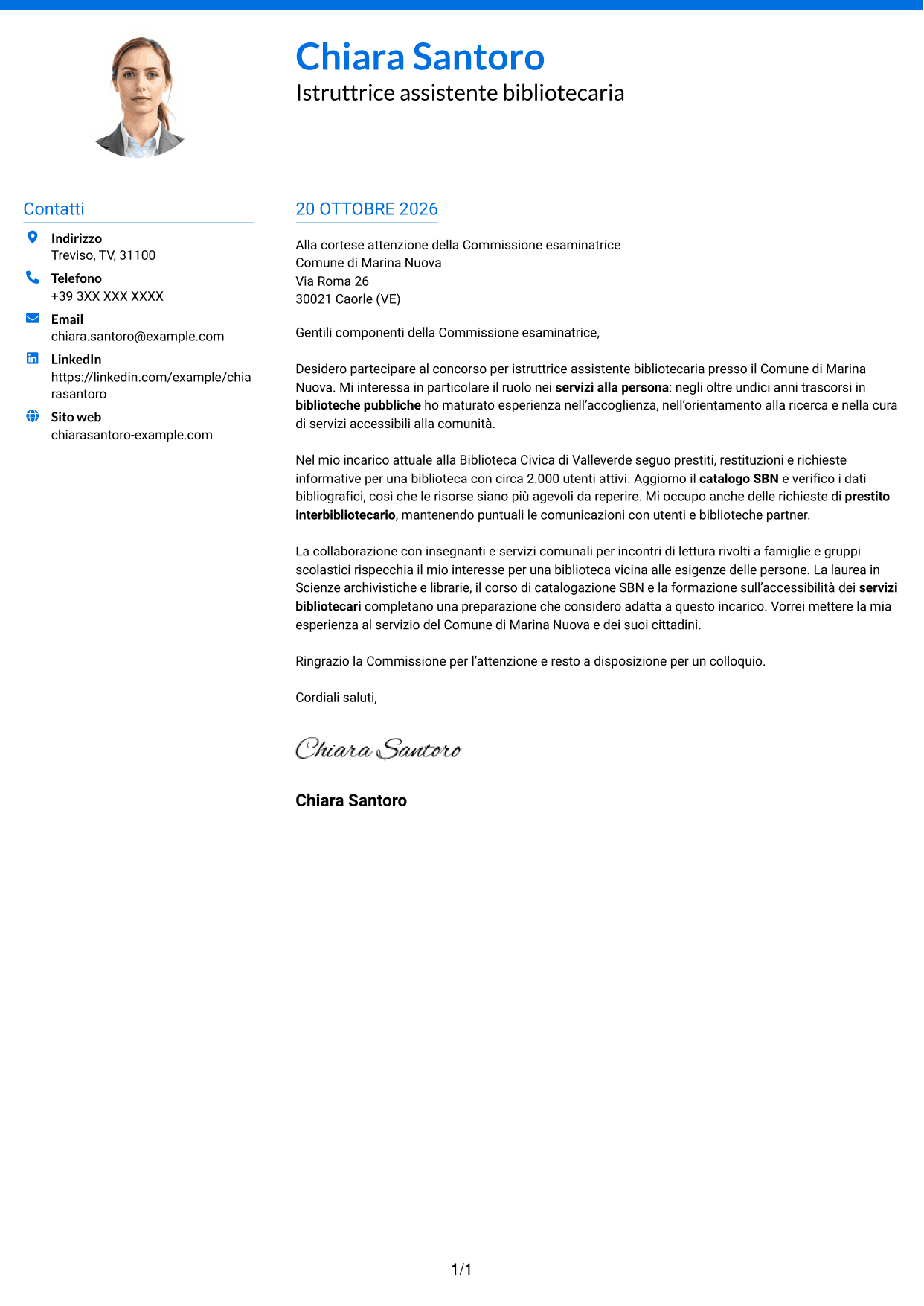 Lettera di presentazione Audace (formato a due colonne con accenti colorati e foto): Istruttore assistente bibliotecario, pagina 1