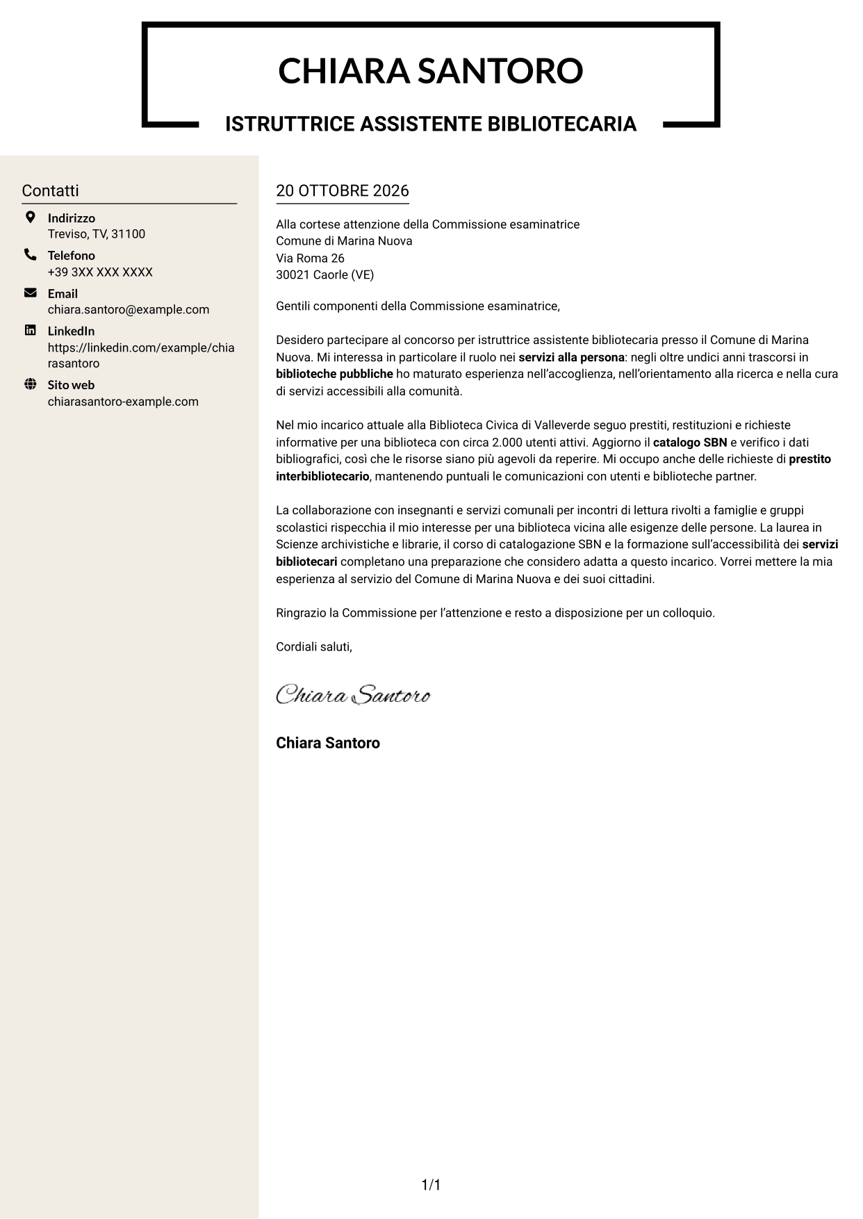 Lettera di presentazione Intraprendente (formato a due colonne con intestazione centrata senza foto): Istruttore assistente bibliotecario, pagina 1
