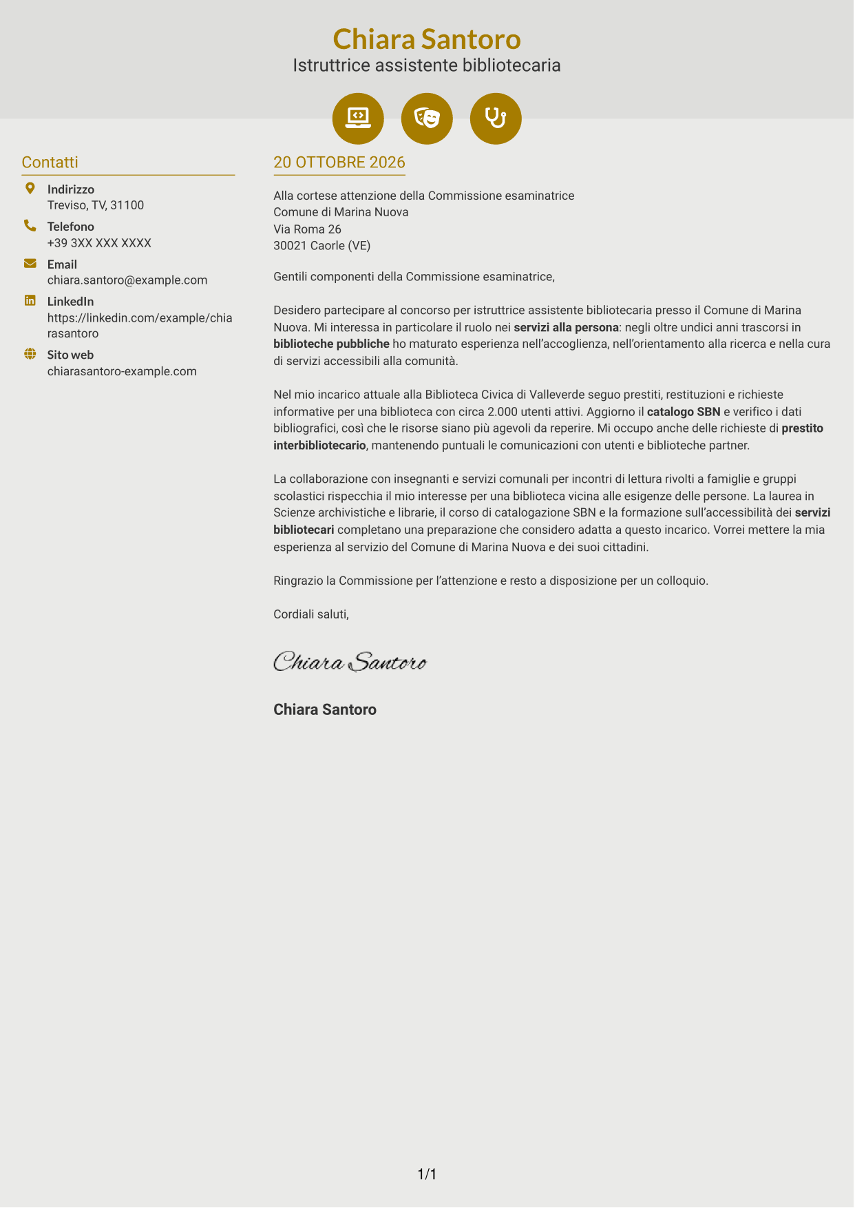 Lettera di presentazione Dinamico (formato a due colonne con icone): Istruttore assistente bibliotecario, pagina 1