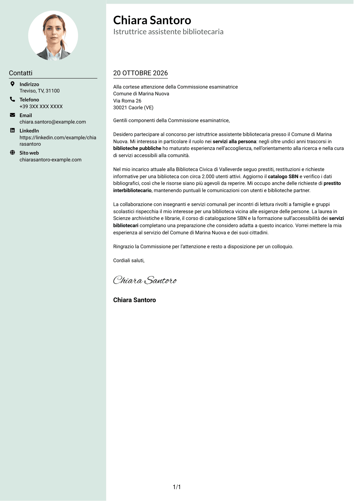 Lettera di presentazione Dirigente (formato con colonna laterale tenue e foto arrotondata): Istruttore assistente bibliotecario, pagina 1