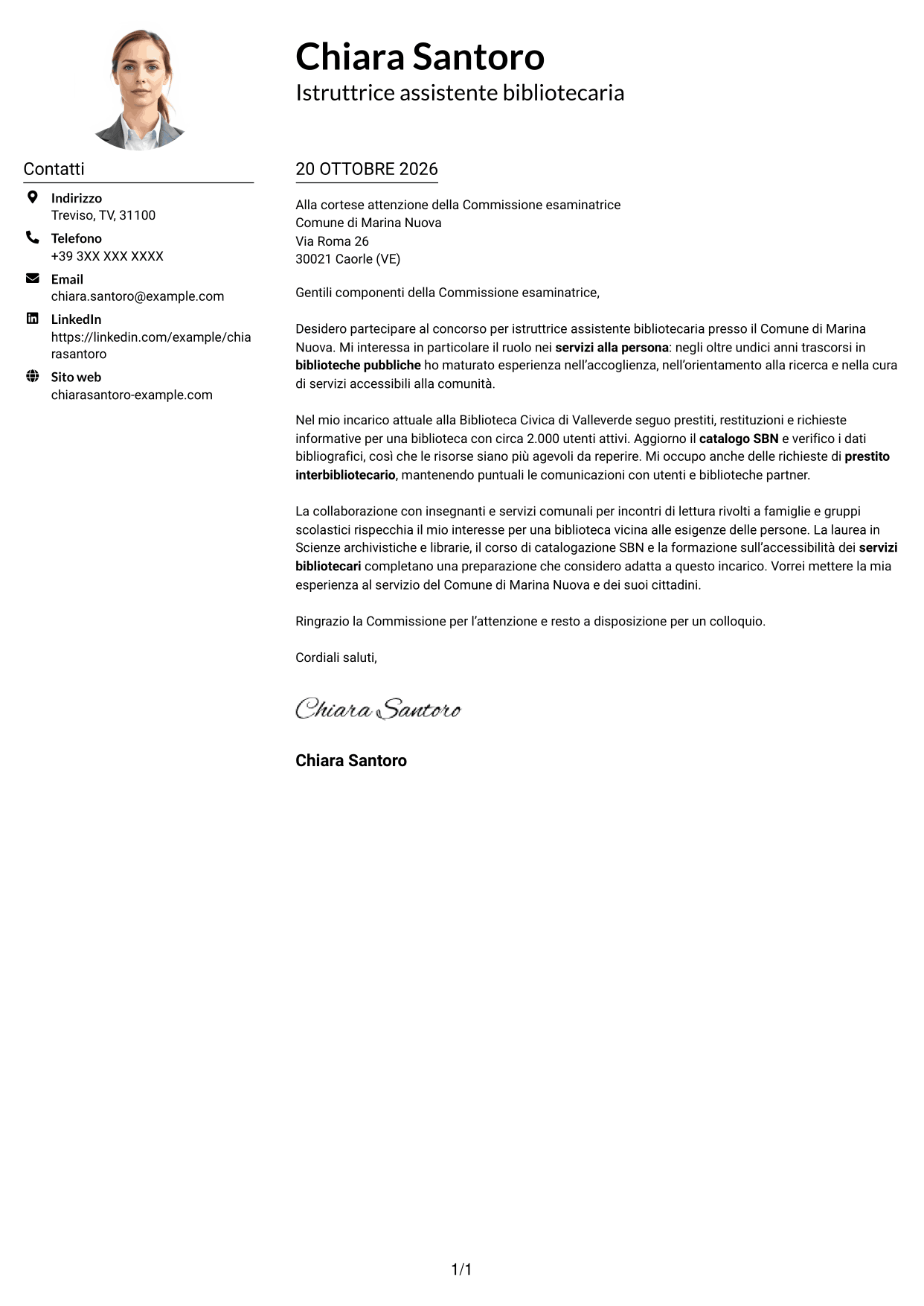 Esempio di lettera di presentazione — pagina 1