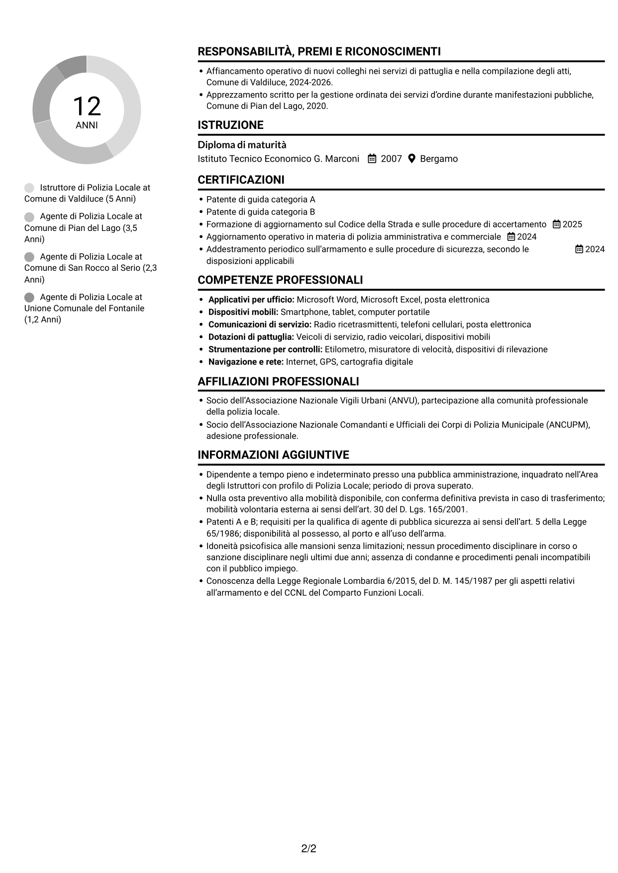 CV Compatto (formato sobrio a due colonne con foto): Istruttore di Polizia Locale - Sicurezza urbana e stradale, pagina 2