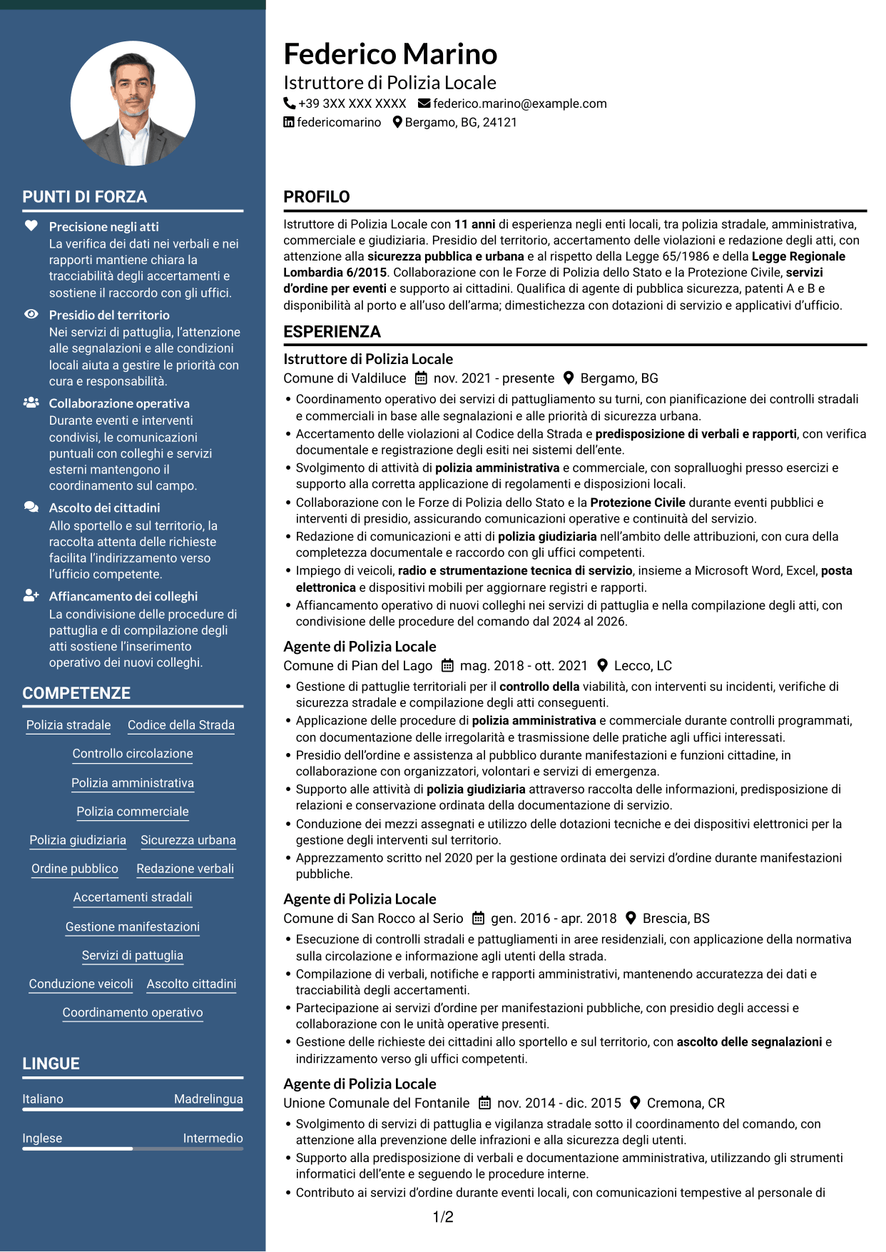 CV Elegante (formato con colonna laterale colorata e foto): Istruttore di Polizia Locale - Sicurezza urbana e stradale, pagina 1