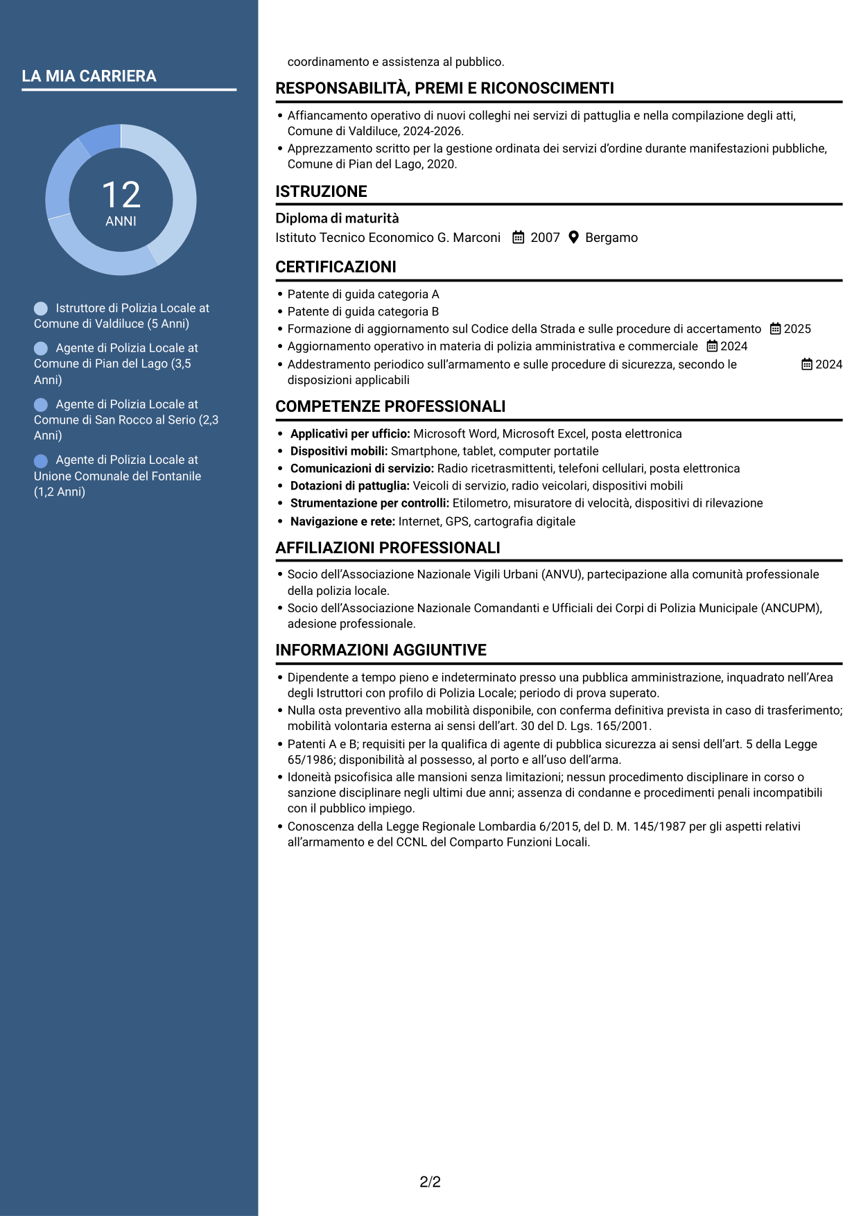 CV Elegante (formato con colonna laterale colorata e foto): Istruttore di Polizia Locale - Sicurezza urbana e stradale, pagina 2