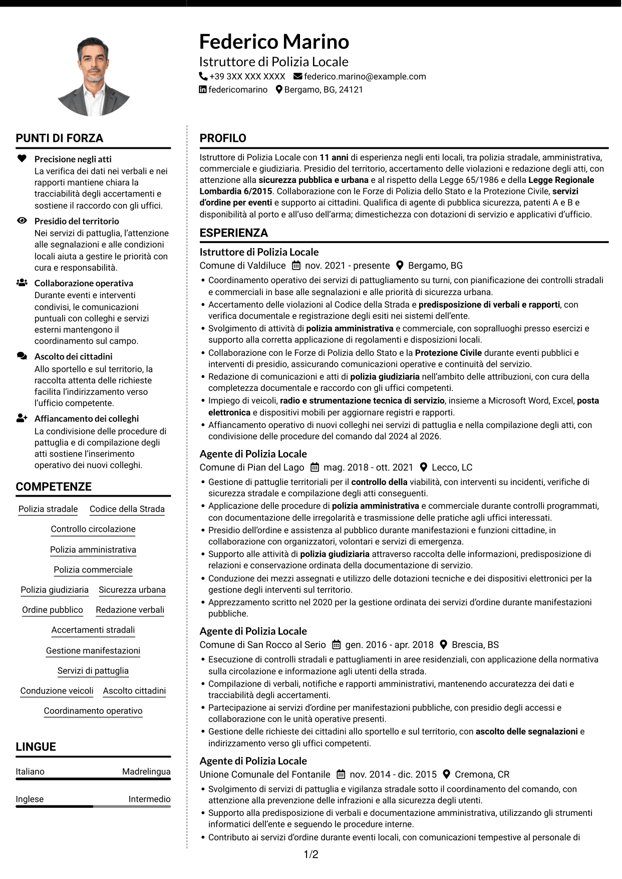 CV Moderno (formato a due colonne con foto a sinistra e separatore): Istruttore di Polizia Locale - Sicurezza urbana e stradale, pagina 1