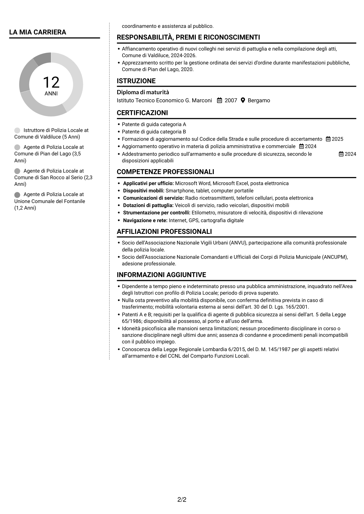 CV Moderno (formato a due colonne con foto a sinistra e separatore): Istruttore di Polizia Locale - Sicurezza urbana e stradale, pagina 2