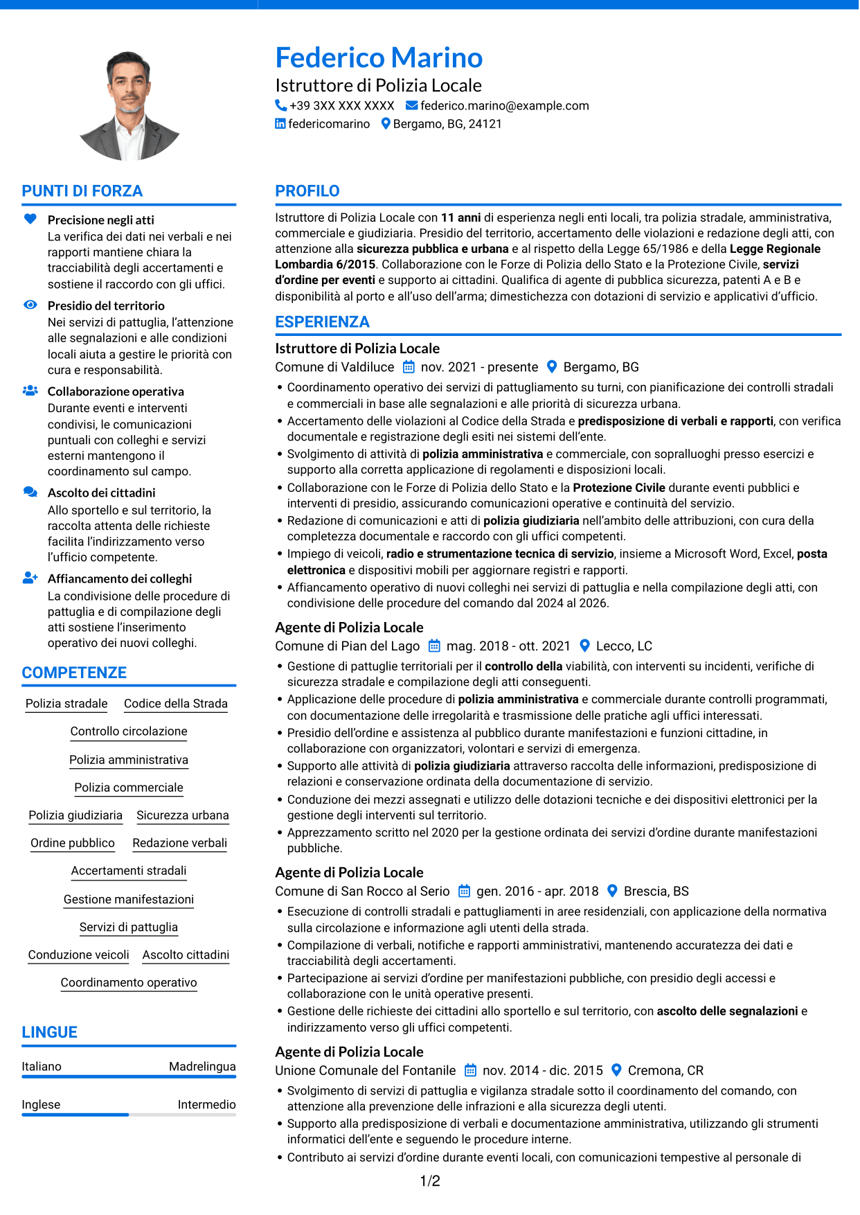 CV Audace (formato a due colonne con accenti colorati e foto): Istruttore di Polizia Locale - Sicurezza urbana e stradale, pagina 1