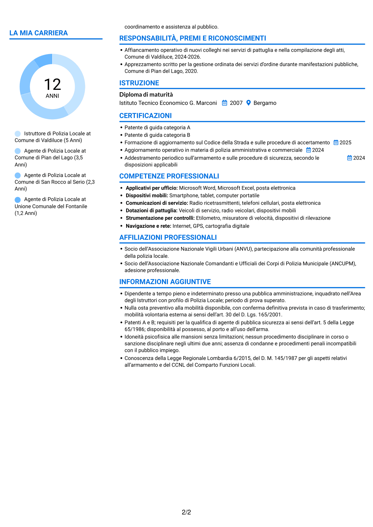 CV Audace (formato a due colonne con accenti colorati e foto): Istruttore di Polizia Locale - Sicurezza urbana e stradale, pagina 2