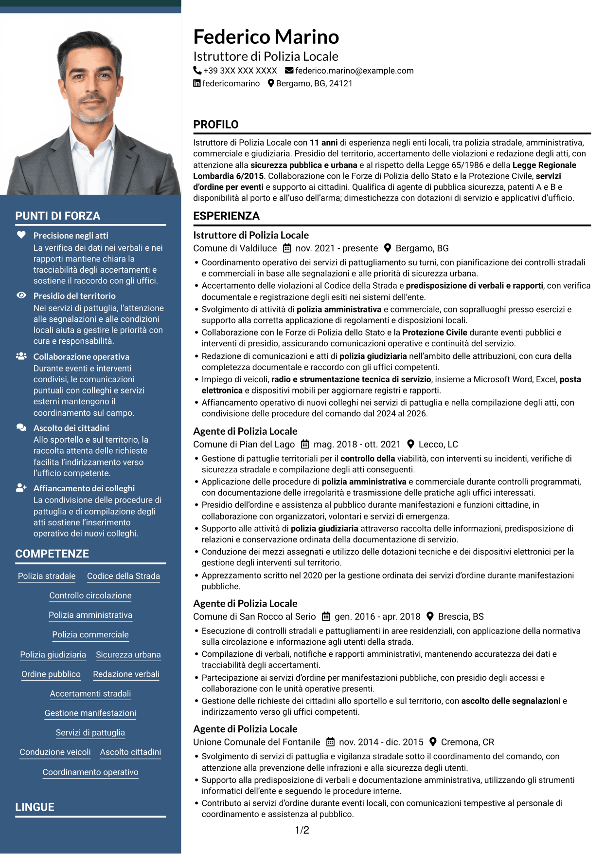CV Signature (formato con colonna laterale colorata e foto grande): Istruttore di Polizia Locale - Sicurezza urbana e stradale, pagina 1