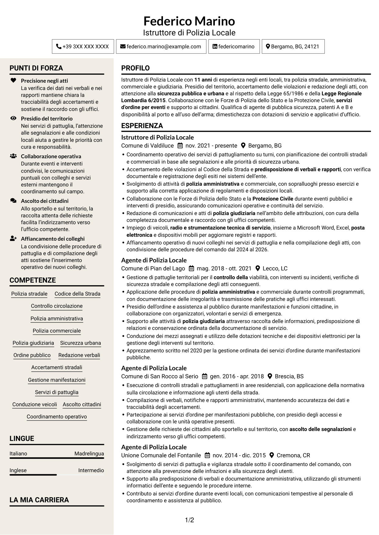 CV Intraprendente (formato a due colonne con intestazione centrata senza foto): Istruttore di Polizia Locale - Sicurezza urbana e stradale, pagina 1