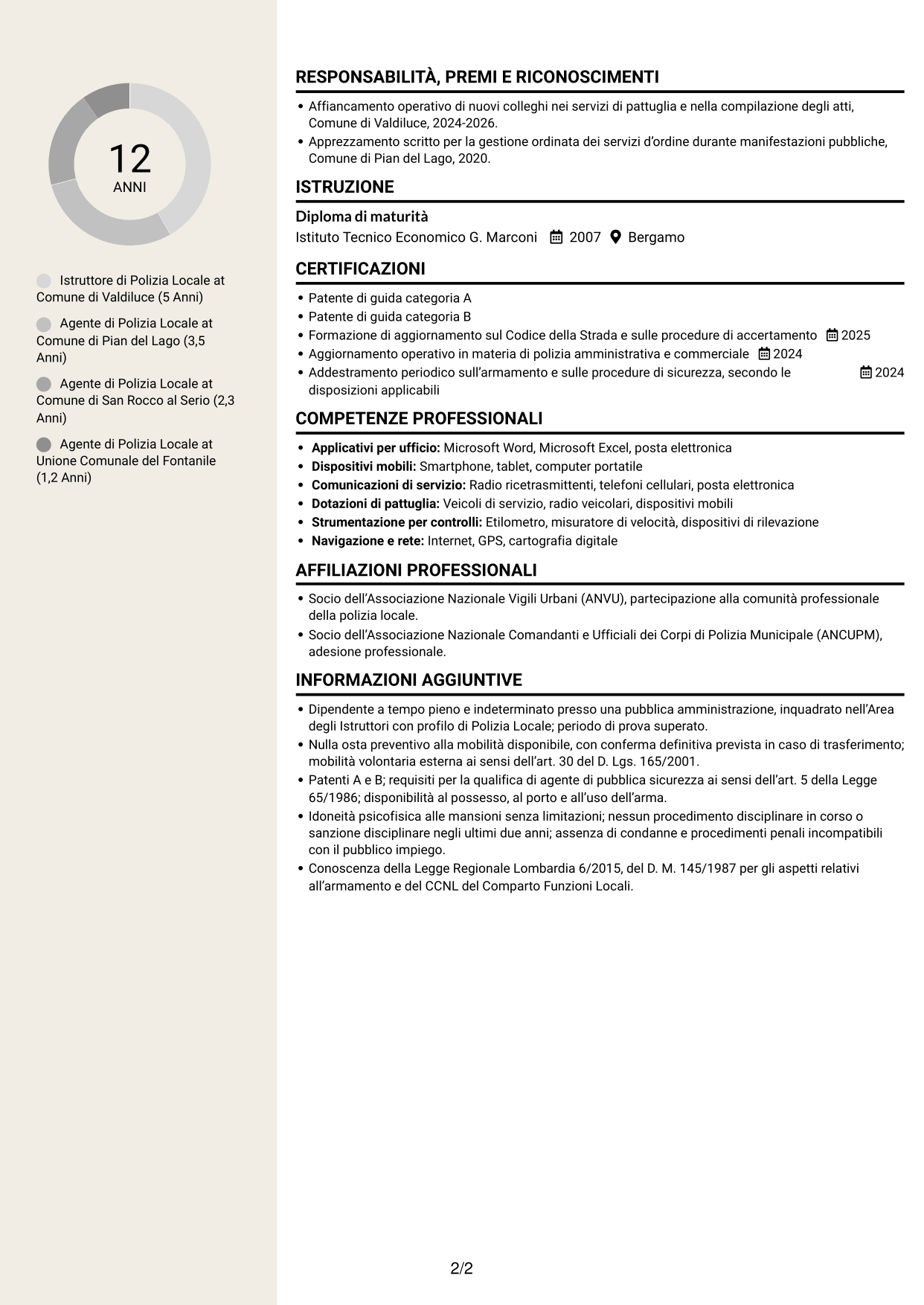 CV Intraprendente (formato a due colonne con intestazione centrata senza foto): Istruttore di Polizia Locale - Sicurezza urbana e stradale, pagina 2