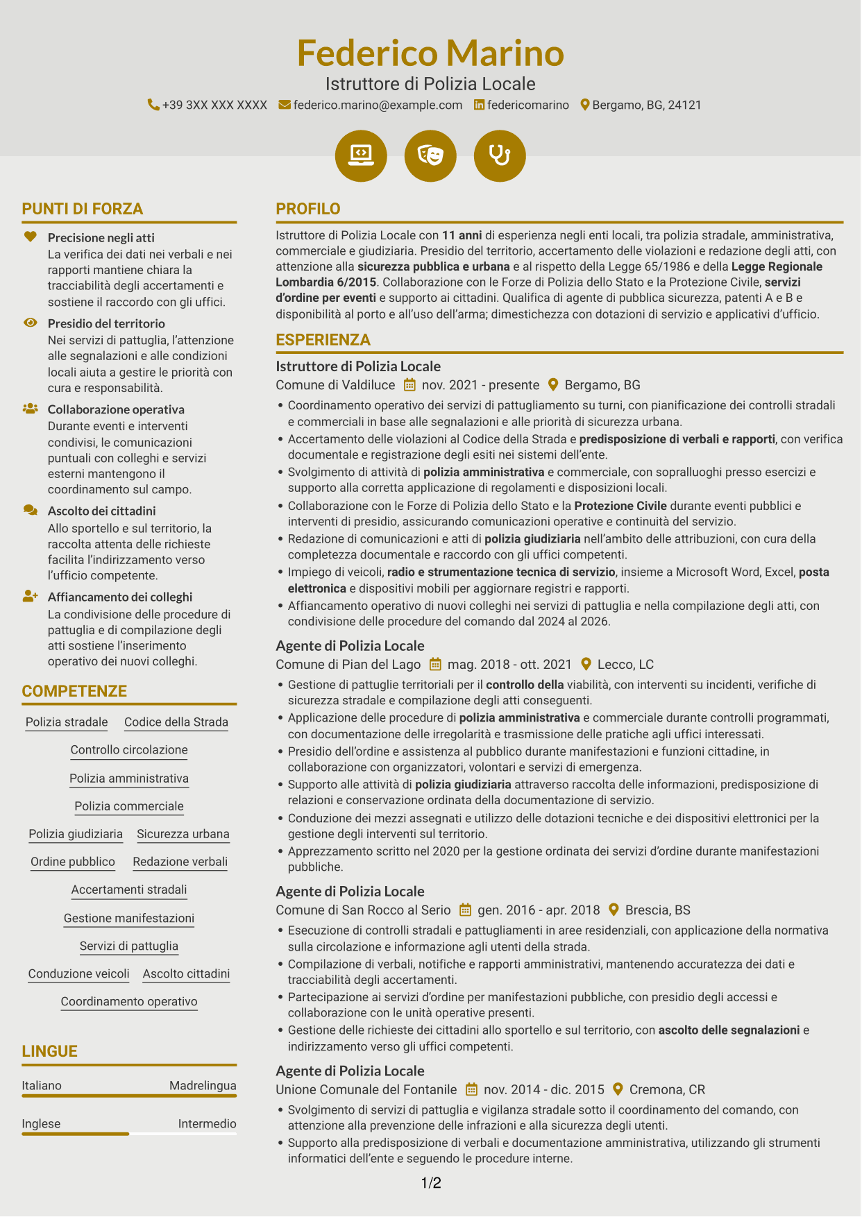 CV Dinamico (formato a due colonne con icone): Istruttore di Polizia Locale - Sicurezza urbana e stradale, pagina 1