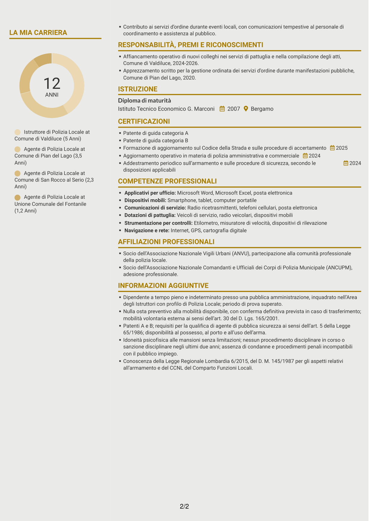 CV Dinamico (formato a due colonne con icone): Istruttore di Polizia Locale - Sicurezza urbana e stradale, pagina 2