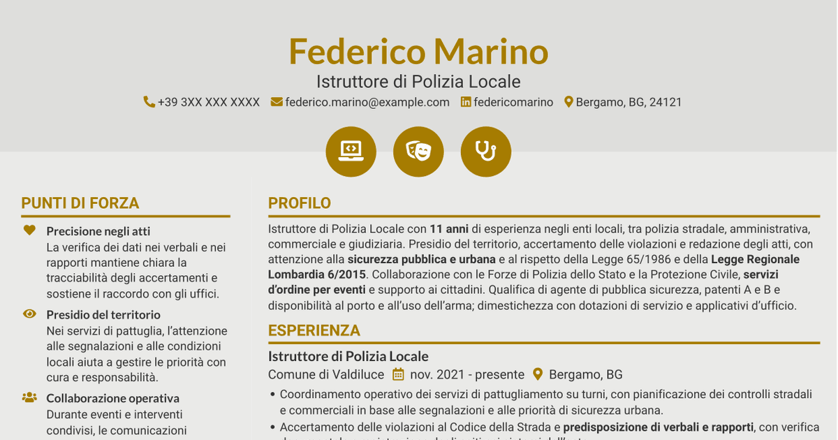 7 modelli di CV per Istruttore di Polizia Locale - Sicurezza urbana e stradale, con esempi