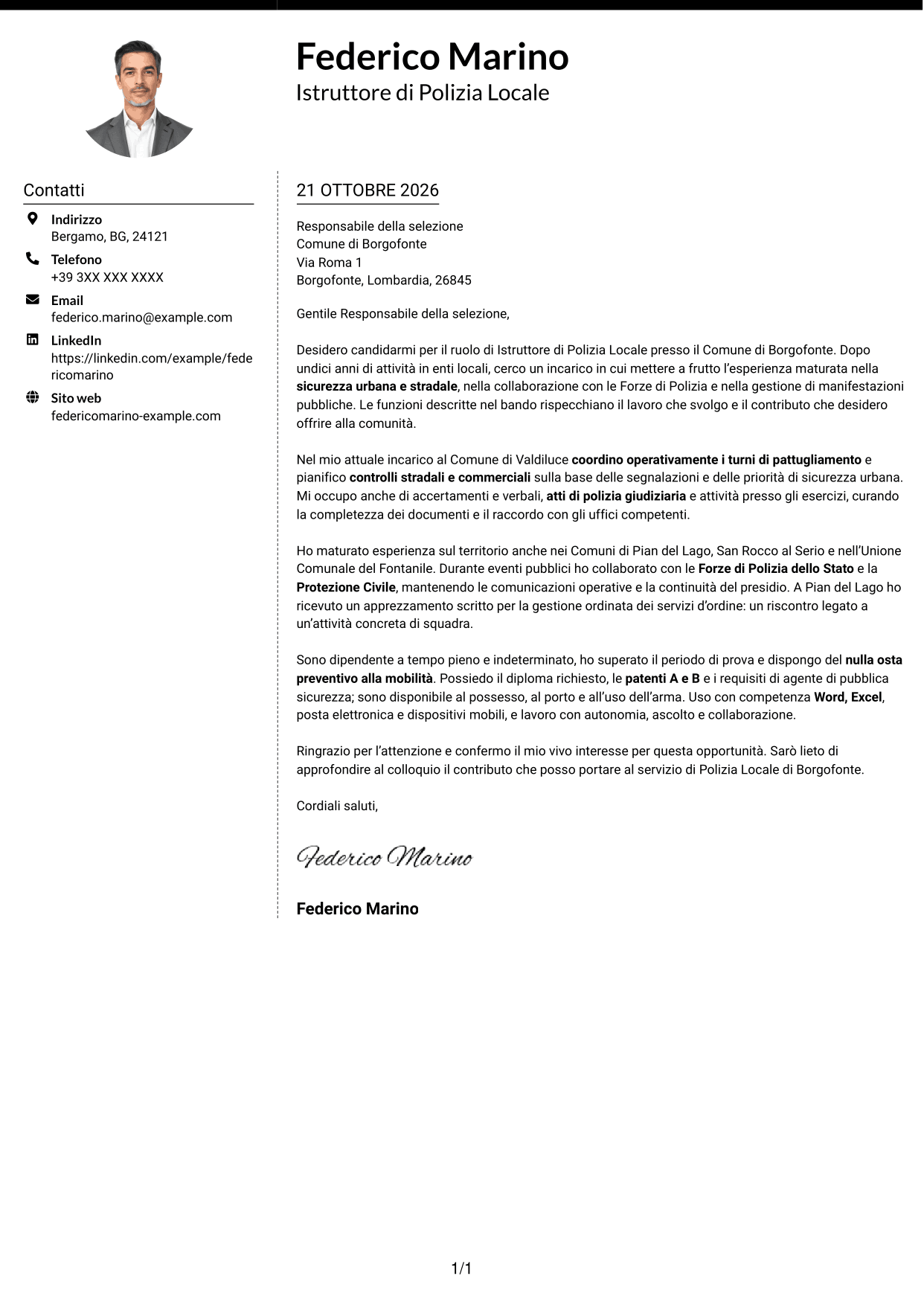 Lettera di presentazione Moderno (formato a due colonne con foto a sinistra e separatore): Istruttore di Polizia Locale - Sicurezza urbana e stradale, pagina 1