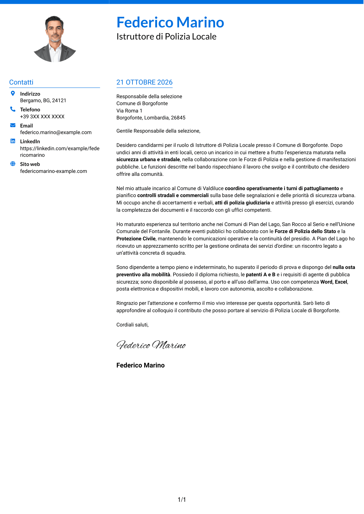 Lettera di presentazione Audace (formato a due colonne con accenti colorati e foto): Istruttore di Polizia Locale - Sicurezza urbana e stradale, pagina 1