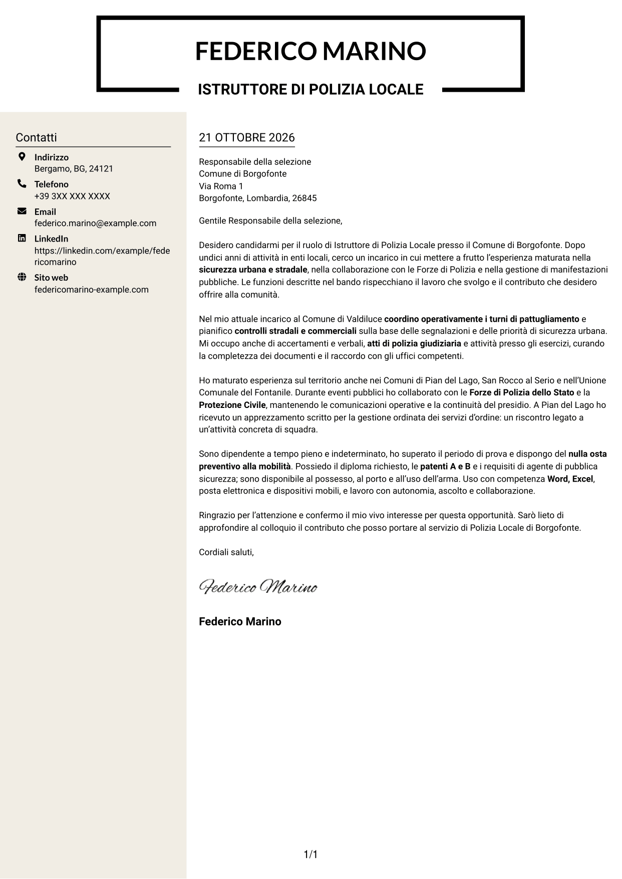 Lettera di presentazione Intraprendente (formato a due colonne con intestazione centrata senza foto): Istruttore di Polizia Locale - Sicurezza urbana e stradale, pagina 1