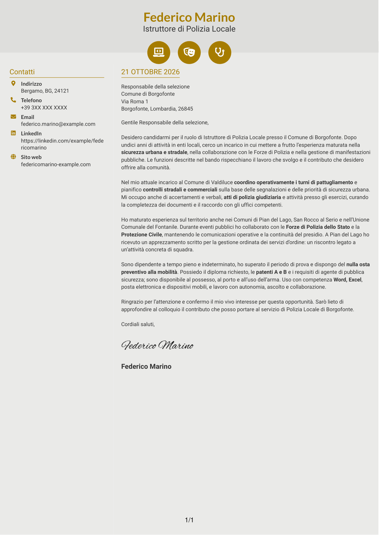 Lettera di presentazione Dinamico (formato a due colonne con icone): Istruttore di Polizia Locale - Sicurezza urbana e stradale, pagina 1