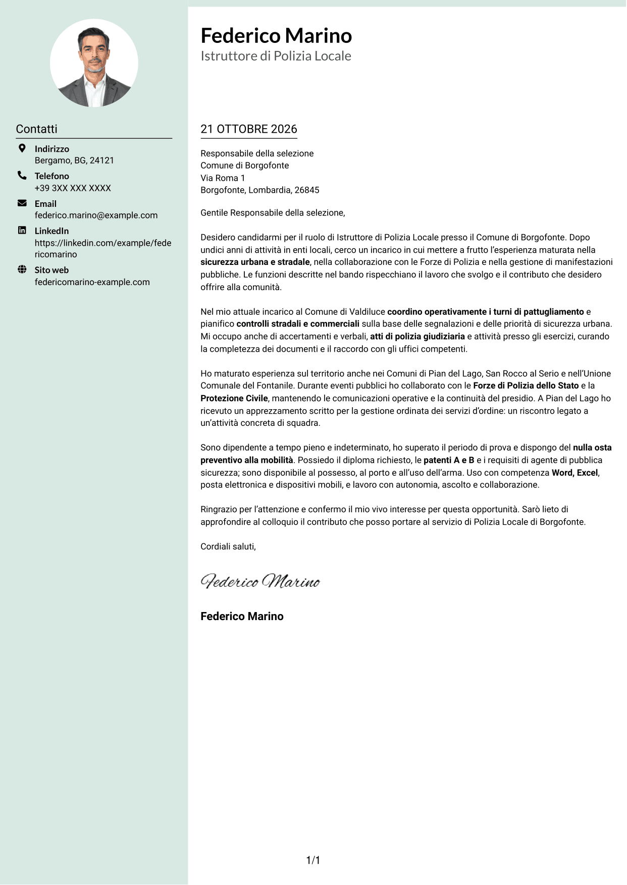 Lettera di presentazione Dirigente (formato con colonna laterale tenue e foto arrotondata): Istruttore di Polizia Locale - Sicurezza urbana e stradale, pagina 1