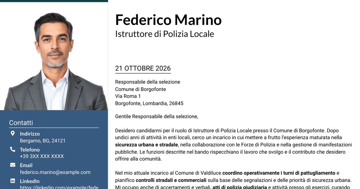 7 modelli di lettera di presentazione per Istruttore di Polizia Locale - Sicurezza urbana e stradale, con esempi