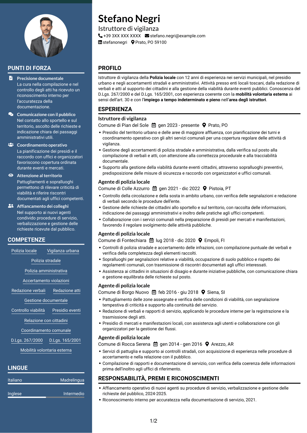 CV Elegante (formato con colonna laterale colorata e foto): Istruttore di vigilanza - Polizia locale, pagina 1