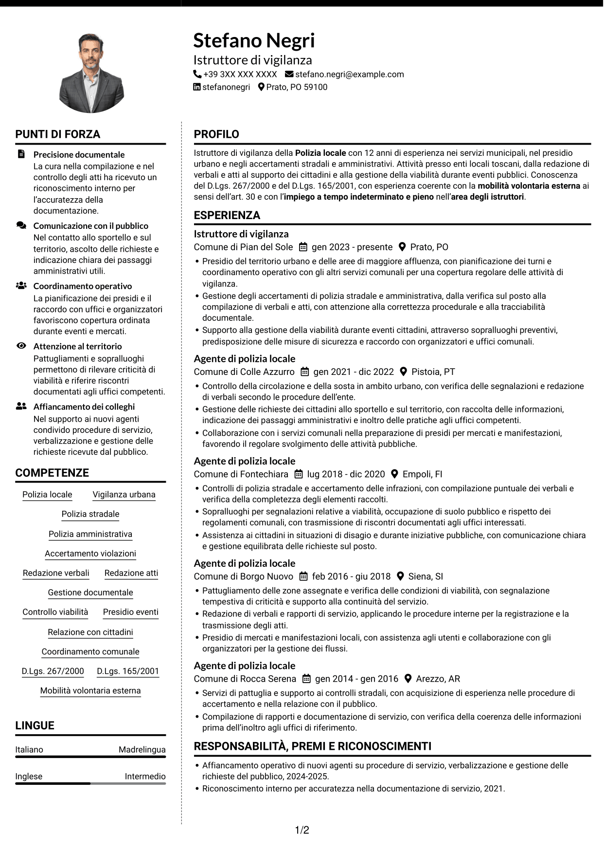 CV Moderno (formato a due colonne con foto a sinistra e separatore): Istruttore di vigilanza - Polizia locale, pagina 1
