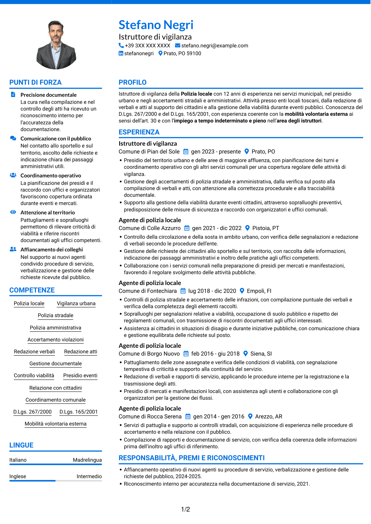 CV Audace (formato a due colonne con accenti colorati e foto): Istruttore di vigilanza - Polizia locale, pagina 1