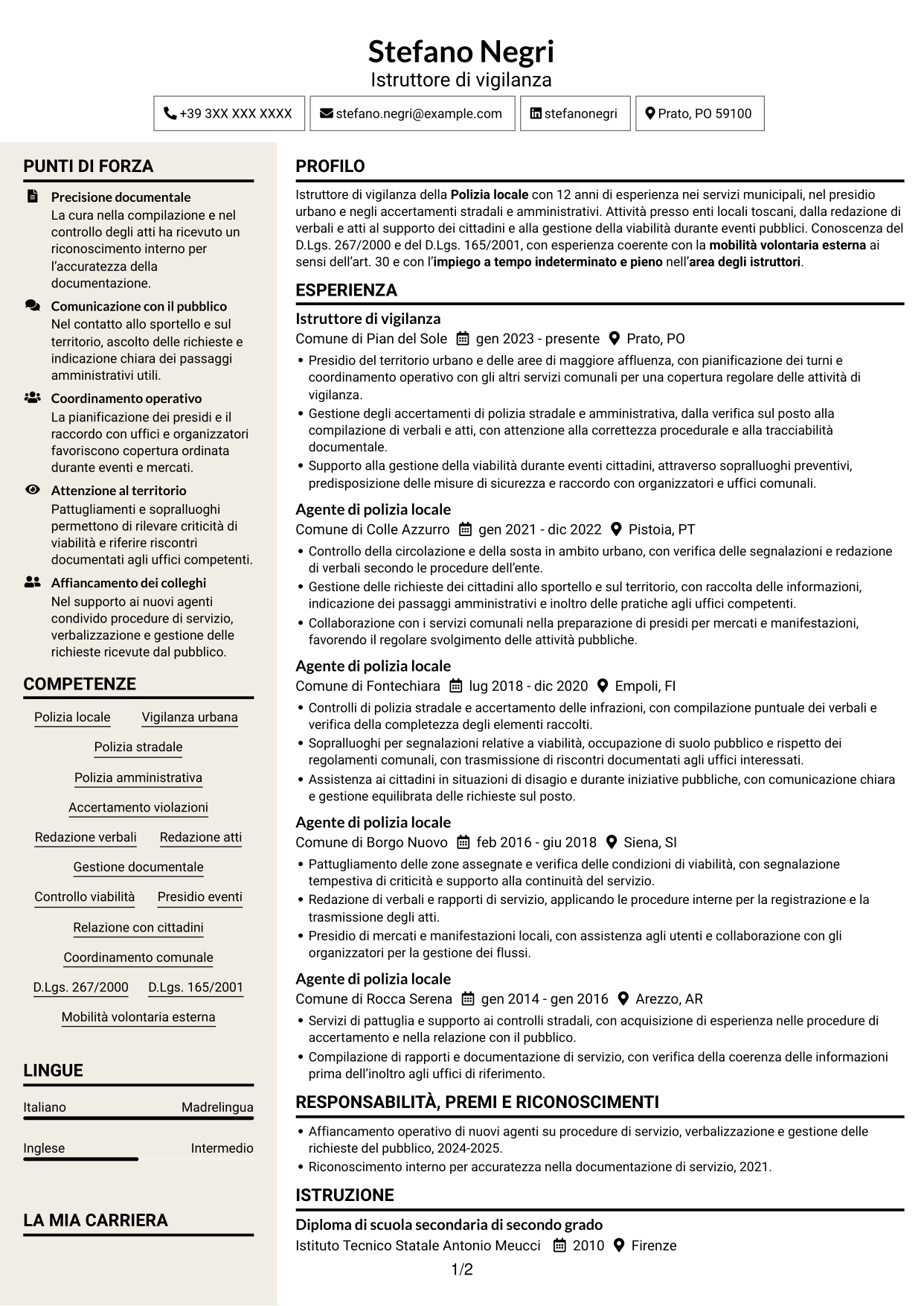 CV Intraprendente (formato a due colonne con intestazione centrata senza foto): Istruttore di vigilanza - Polizia locale, pagina 1