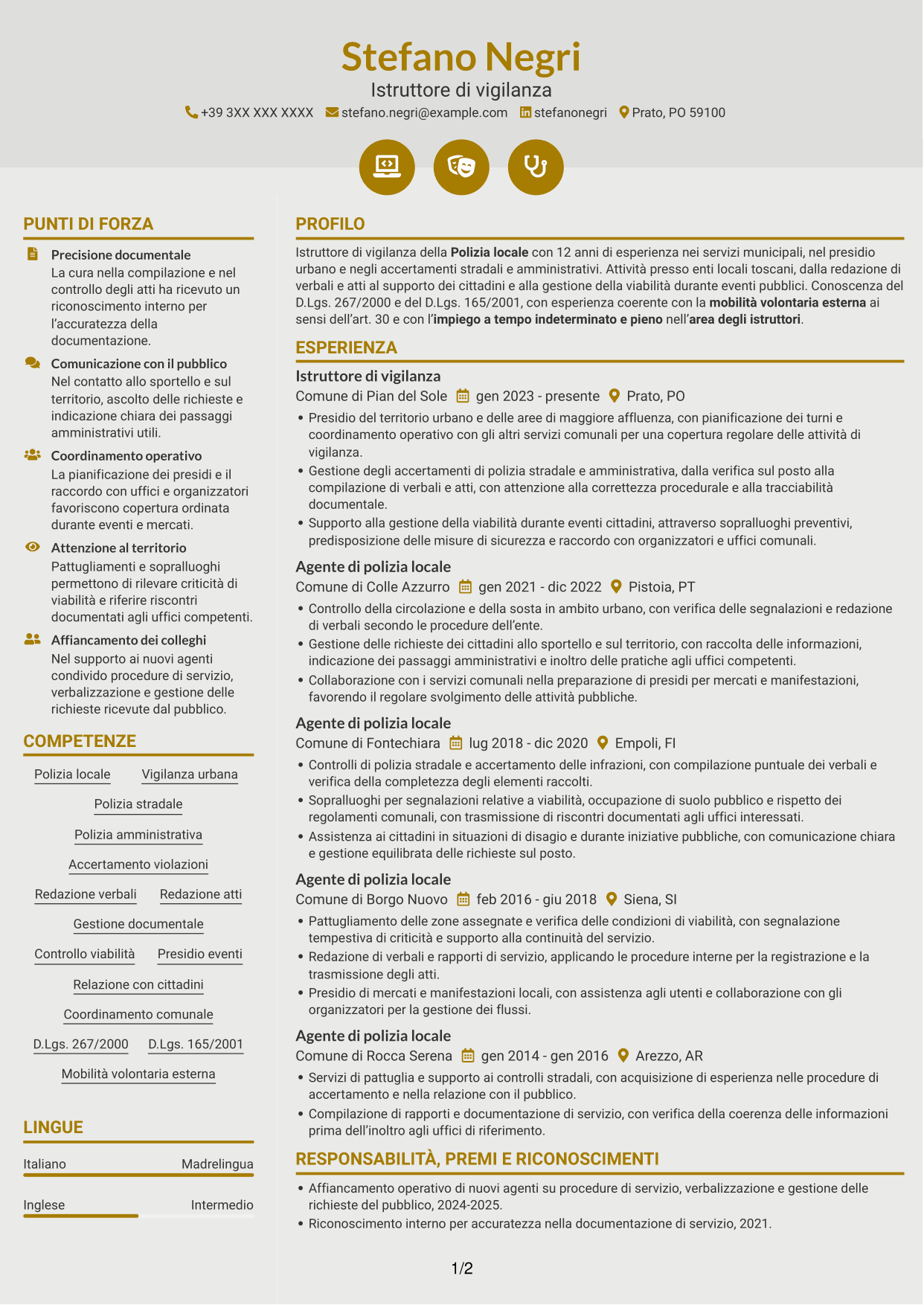 CV Dinamico (formato a due colonne con icone): Istruttore di vigilanza - Polizia locale, pagina 1