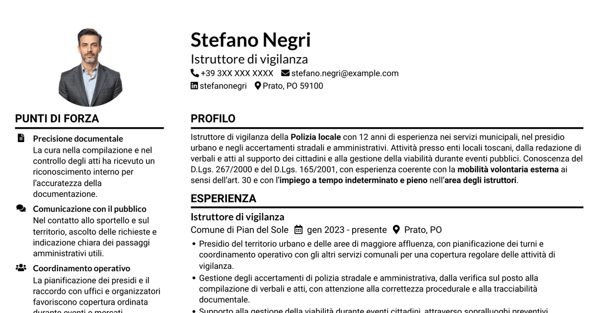 7 modelli di CV per Istruttore di vigilanza - Polizia locale, con esempi