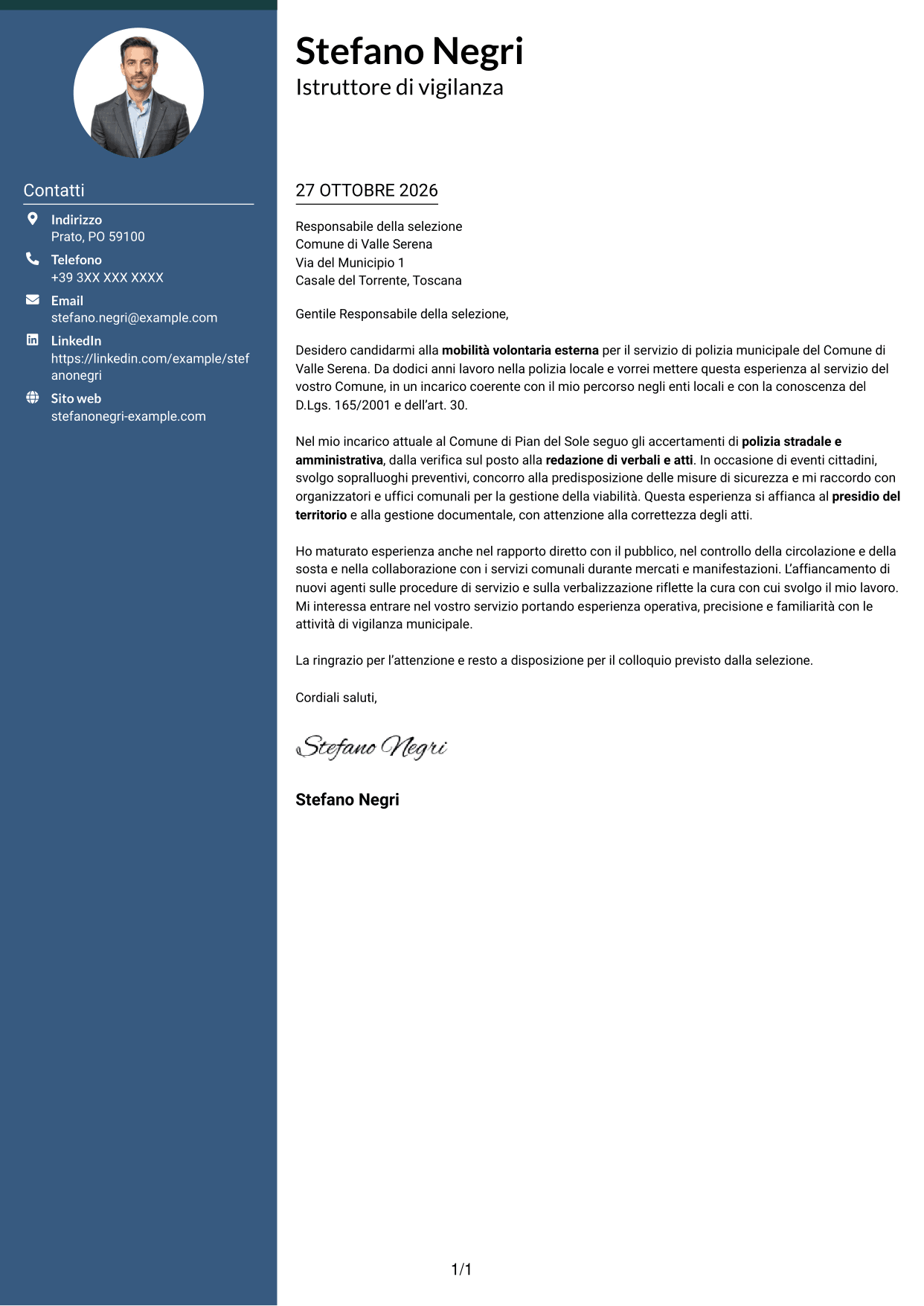 Lettera di presentazione Elegante (formato con colonna laterale colorata e foto): Istruttore di vigilanza - Polizia locale, pagina 1