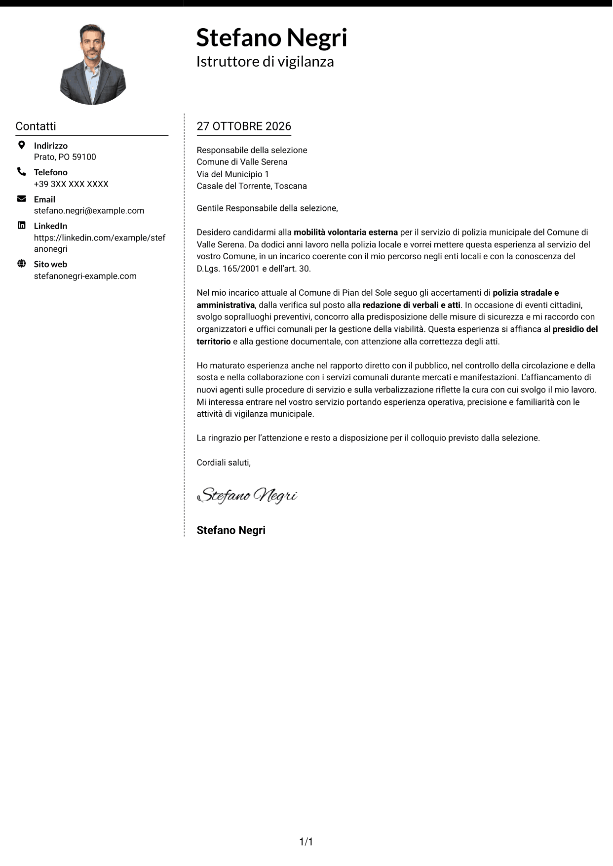 Lettera di presentazione Moderno (formato a due colonne con foto a sinistra e separatore): Istruttore di vigilanza - Polizia locale, pagina 1