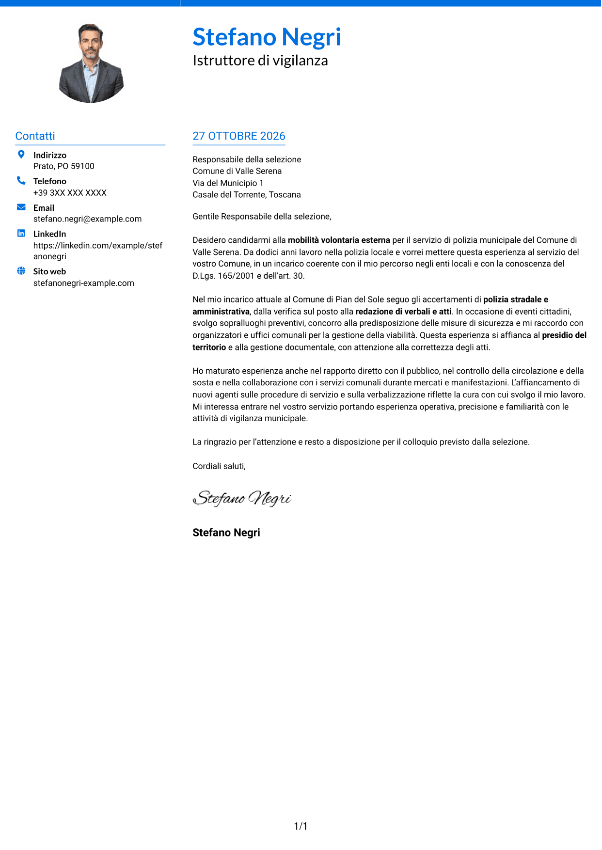 Lettera di presentazione Audace (formato a due colonne con accenti colorati e foto): Istruttore di vigilanza - Polizia locale, pagina 1