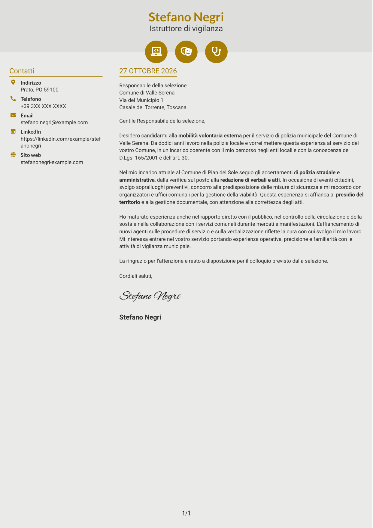 Lettera di presentazione Dinamico (formato a due colonne con icone): Istruttore di vigilanza - Polizia locale, pagina 1