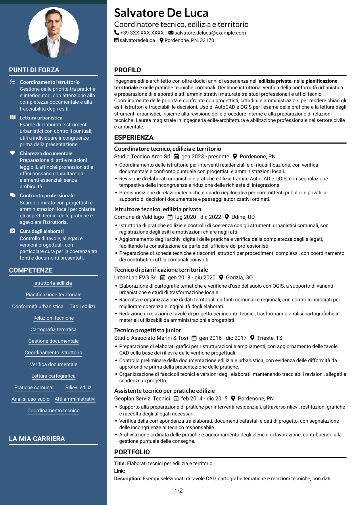 CV Elegante (formato con colonna laterale colorata e foto): Istruttore direttivo tecnico - Edilizia privata e pianificazione territoriale, pagina 1