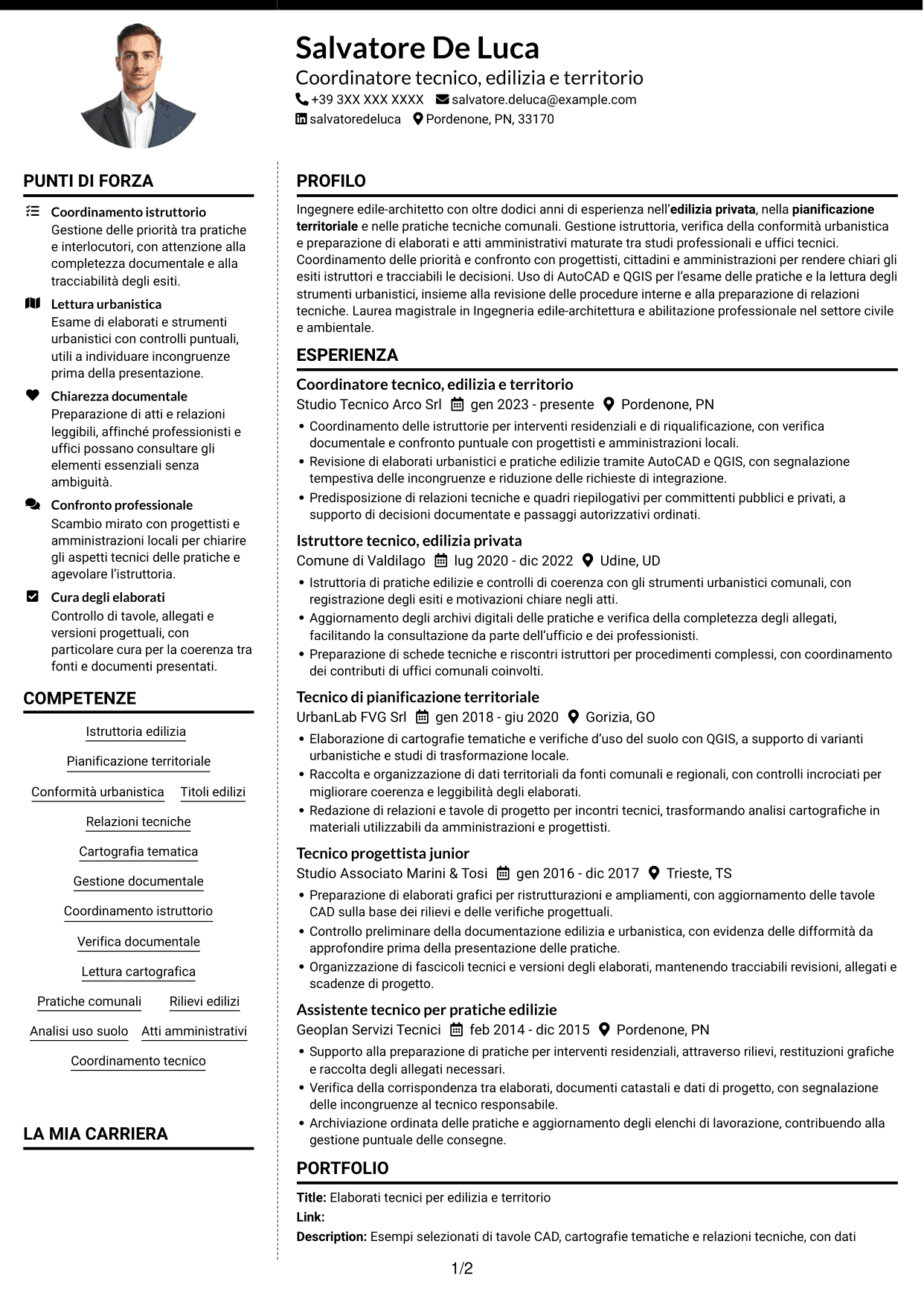 CV Moderno (formato a due colonne con foto a sinistra e separatore): Istruttore direttivo tecnico - Edilizia privata e pianificazione territoriale, pagina 1