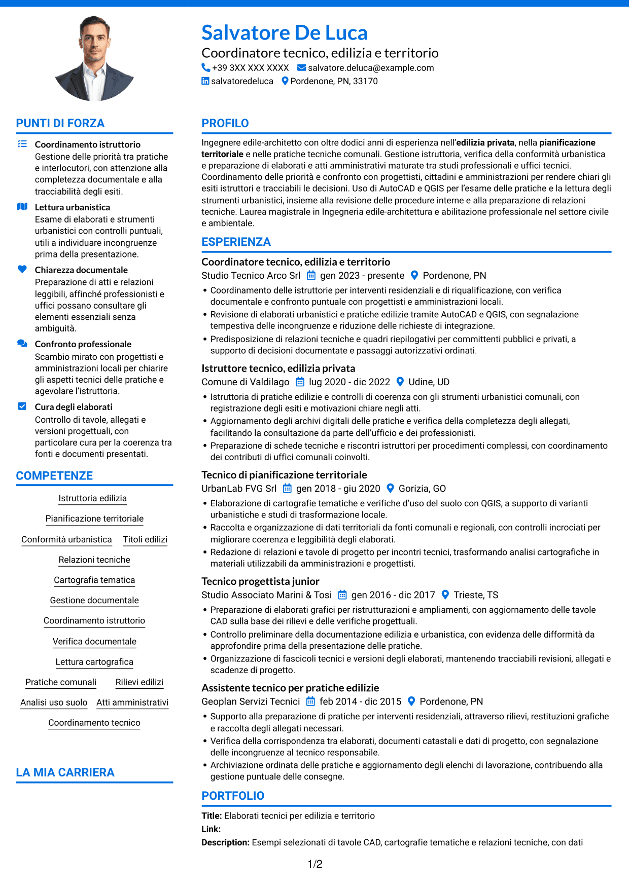 CV Audace (formato a due colonne con accenti colorati e foto): Istruttore direttivo tecnico - Edilizia privata e pianificazione territoriale, pagina 1