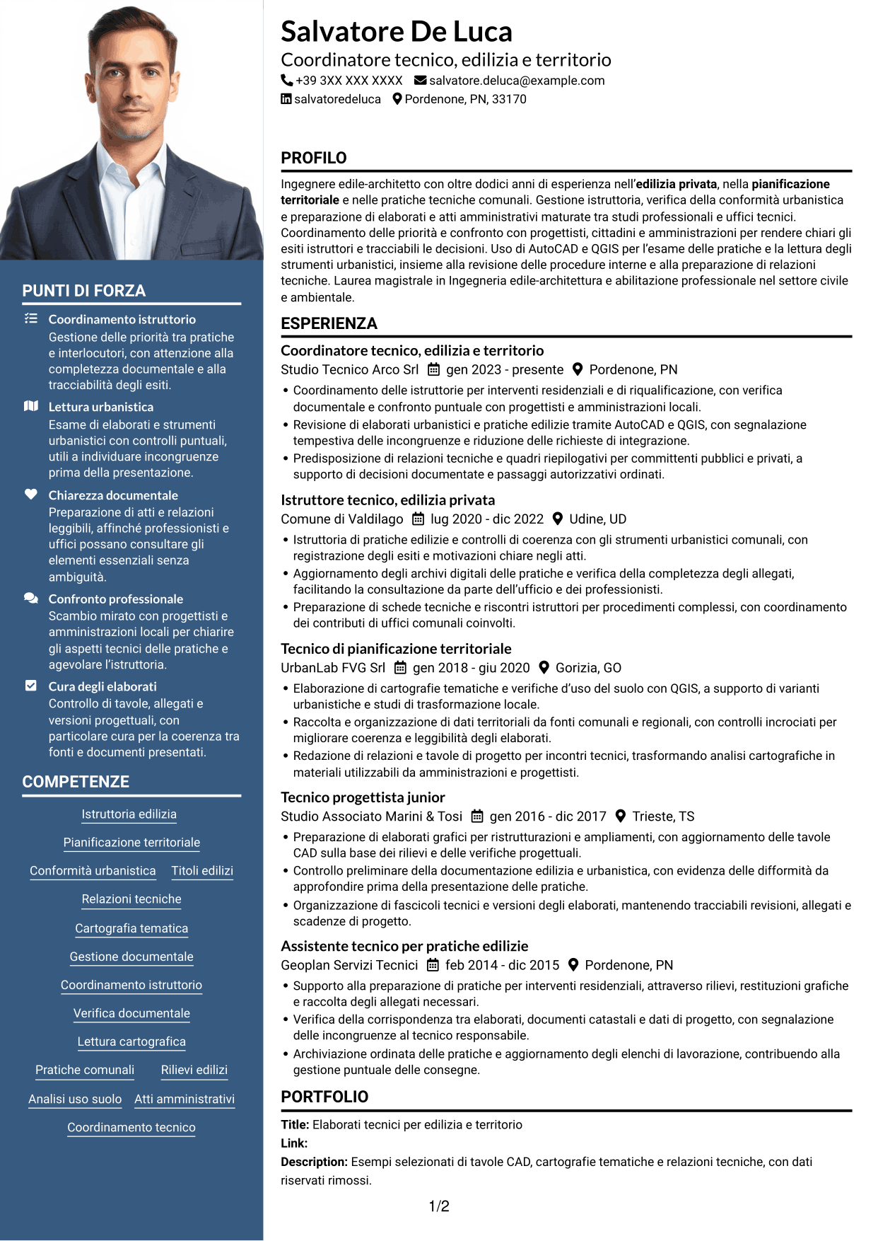 CV Signature (formato con colonna laterale colorata e foto grande): Istruttore direttivo tecnico - Edilizia privata e pianificazione territoriale, pagina 1